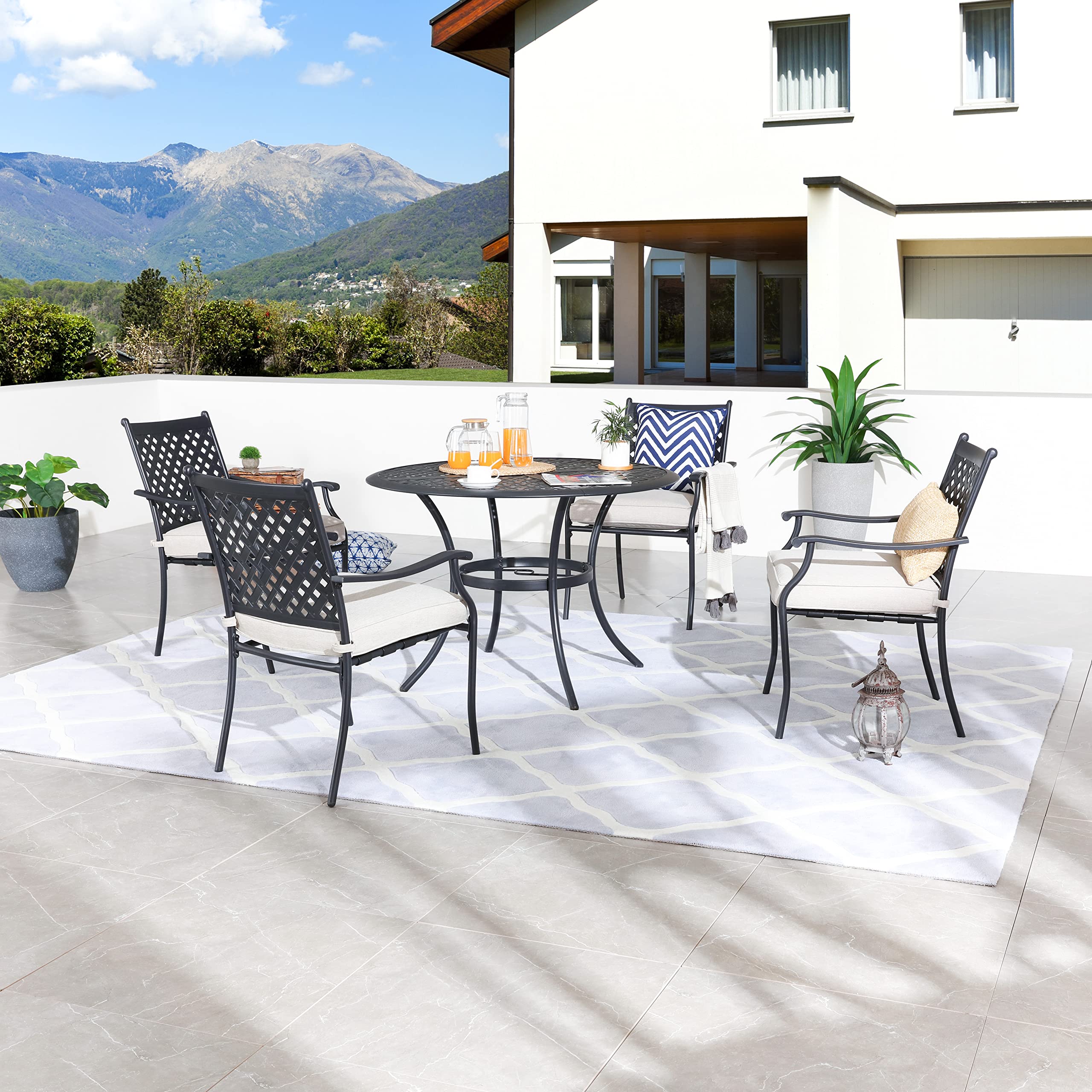LOKATSE HOME 5-Piece Outdoor Patio Dining Set - Beige Metal Table with Umbrella Hole & Cushioned Iron Chairs for Garden, Backyard, Poolside or Balcony
