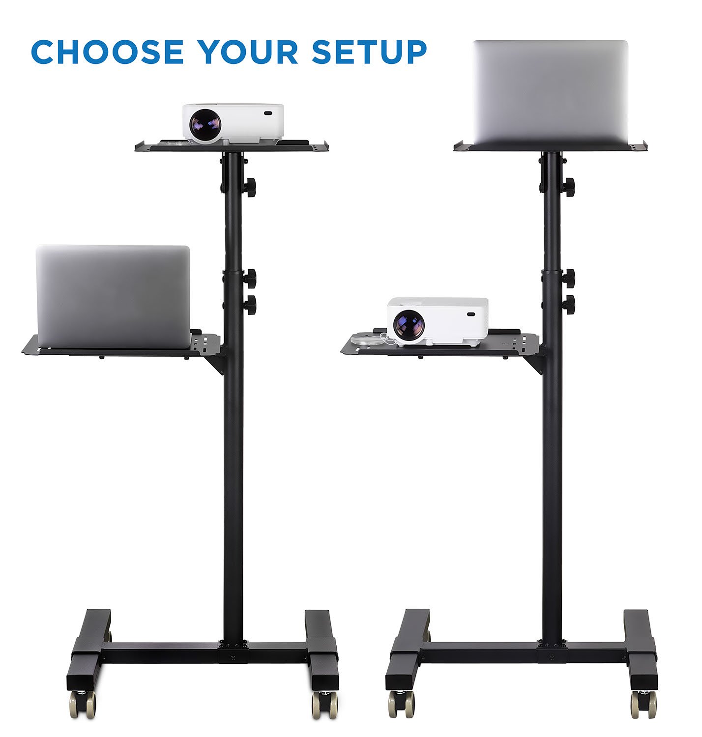 Mount-It! Heavy Duty Adjustable Height Mobile Projector Stand with 2 Shelves & Ventilated Tray - Rolling Laptop & Projector Cart for Office Presentations, Classroom Teaching, Home Theater Setup - Black