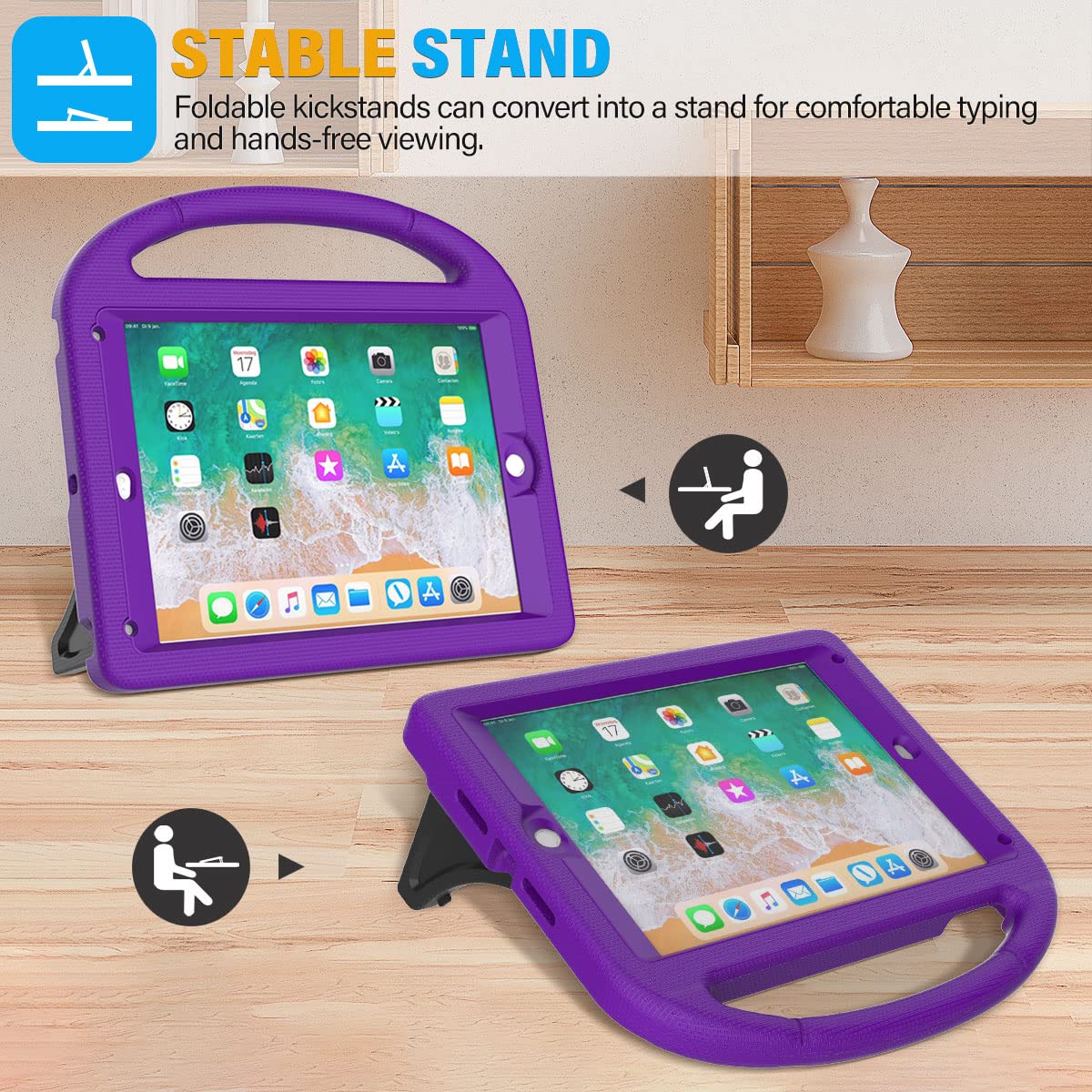 SUPLIK Kids Protective Case for iPad 5th/6th Generation (9.7 inch 2017/2018), iPad Air 1/2 & iPad Pro 9.7 - Shockproof Lightweight Cover with Built-in Handle Stand & Screen Protector - Purple - Perfect for School, Travel & Home Use