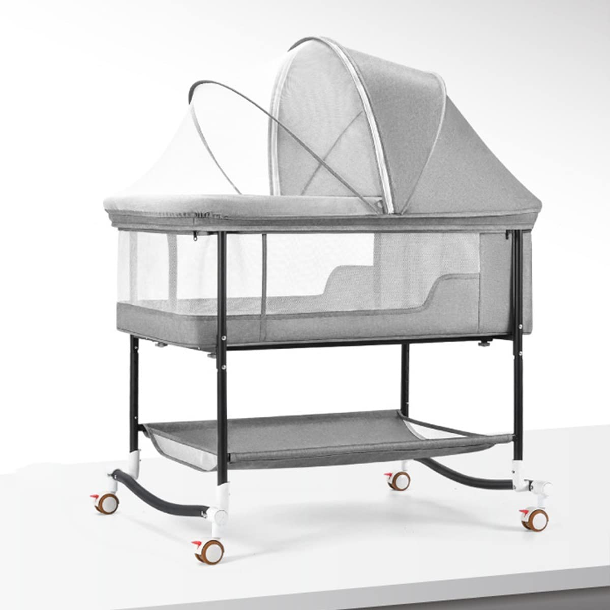 Portable Adjustable Height Bedside Crib with Wheels & Mosquito Net - Co-Sleeper Rocker for Babies 0-24 Months - Nursery Bed for Safe Sleeping & Easy Mobility (Light Gray) - Perfect for Bedroom Nursery, Travel & Late-Night Feedings