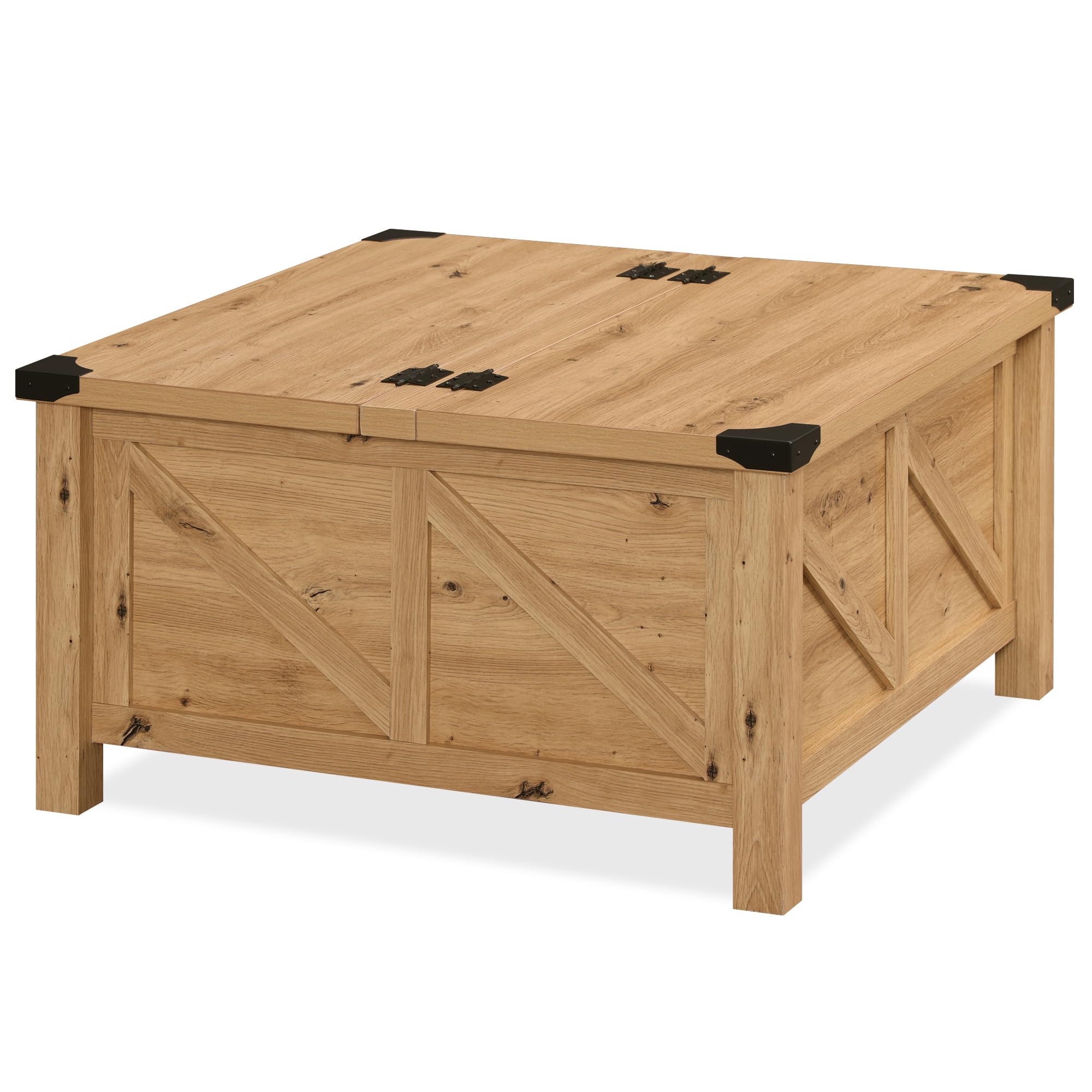 WAMPAT 30x30 Inch Square Farmhouse Coffee Table with Storage - Solid Wood Flip-Top Design with Gas Spring Lift, Metal-Wrapped Corners (Oak Finish) - Perfect for Living Room, Family Gatherings & Small Space Storage Solutions