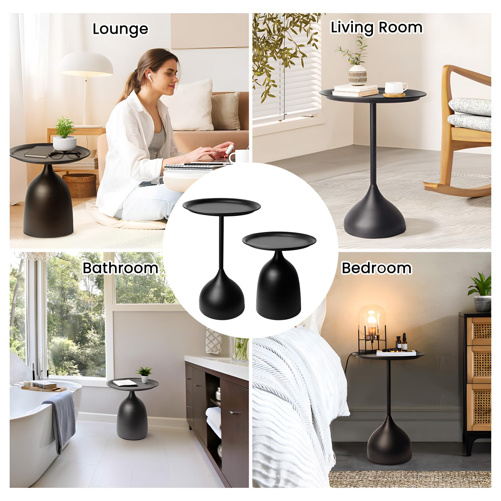 Loopo Modern Lightweight Nesting Side Tables Set of 2 - Round End & Coffee Tables with Metal Pedestal Design for Living Room, Bedroom & Office - Matt Black Home Decor Accent for Small Spaces & Modern Interiors