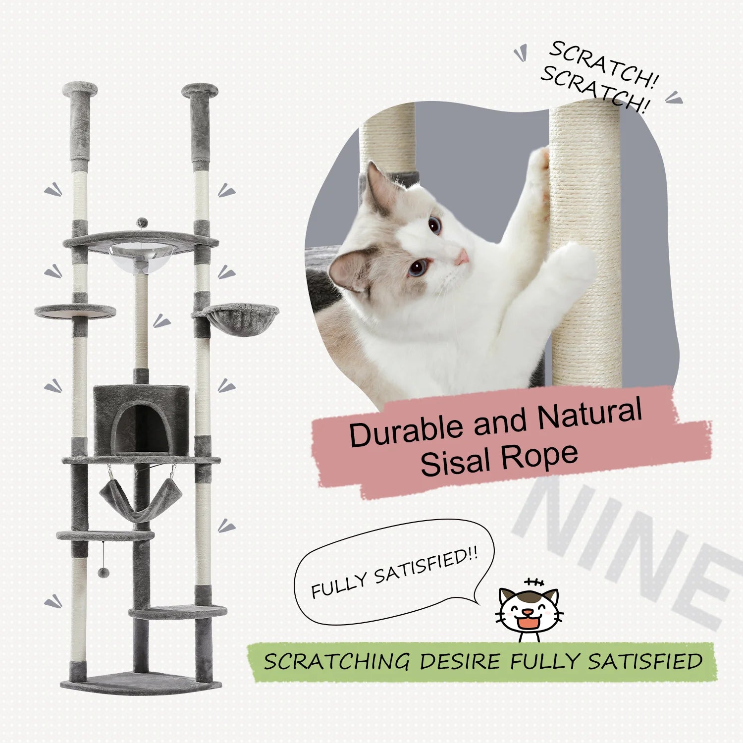 Adjustable Floor to Ceiling Cat Tree with Perch & Scratching Post - Grey - Perfect for Small Spaces & Apartment Living for Cats