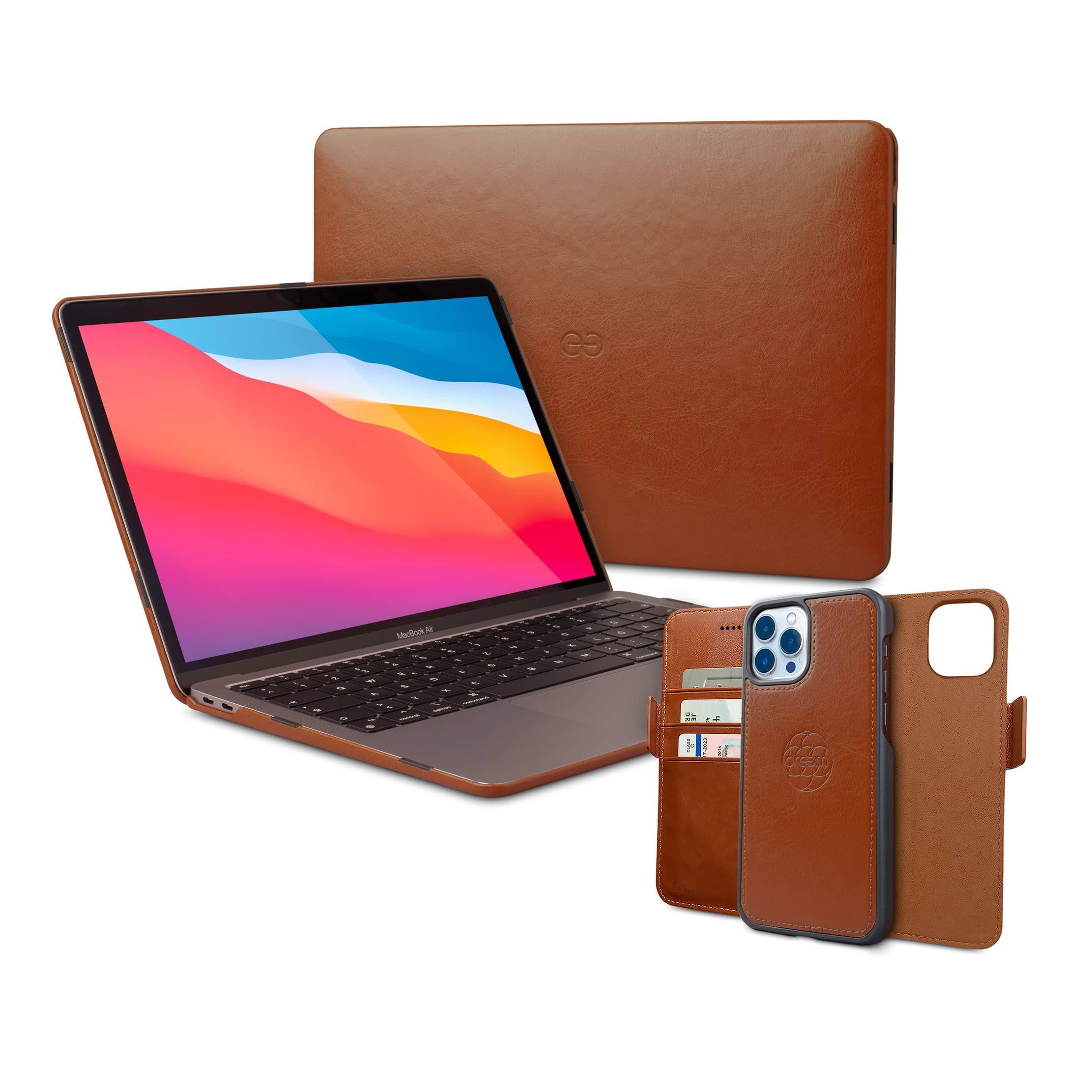 Fibonacci Wallet-Case for iPhone 13 Pro Max & Euclid Hard Cover Case for MacBook Air 13-Inch - Premium Caramel Bundle | Stylish Protection for Your Apple Devices | Perfect for Work, Travel & Everyday Use