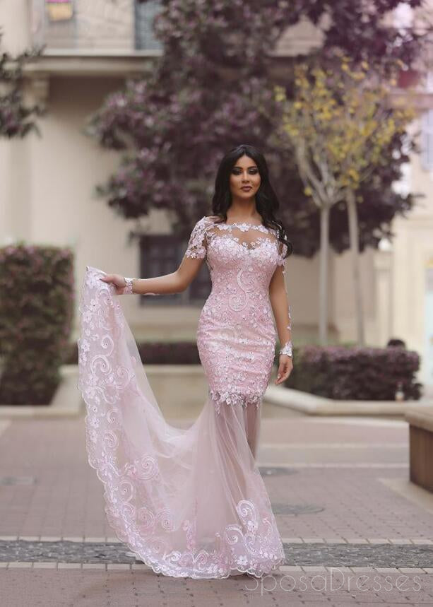 Elegant Long Sleeve Pink Lace Mermaid Evening Prom Dress - Sexy See-Through Formal Gown for Homecoming, Quinceañera & Special Occasions | Custom Tailored Prom Dresses for Women | Style 17042