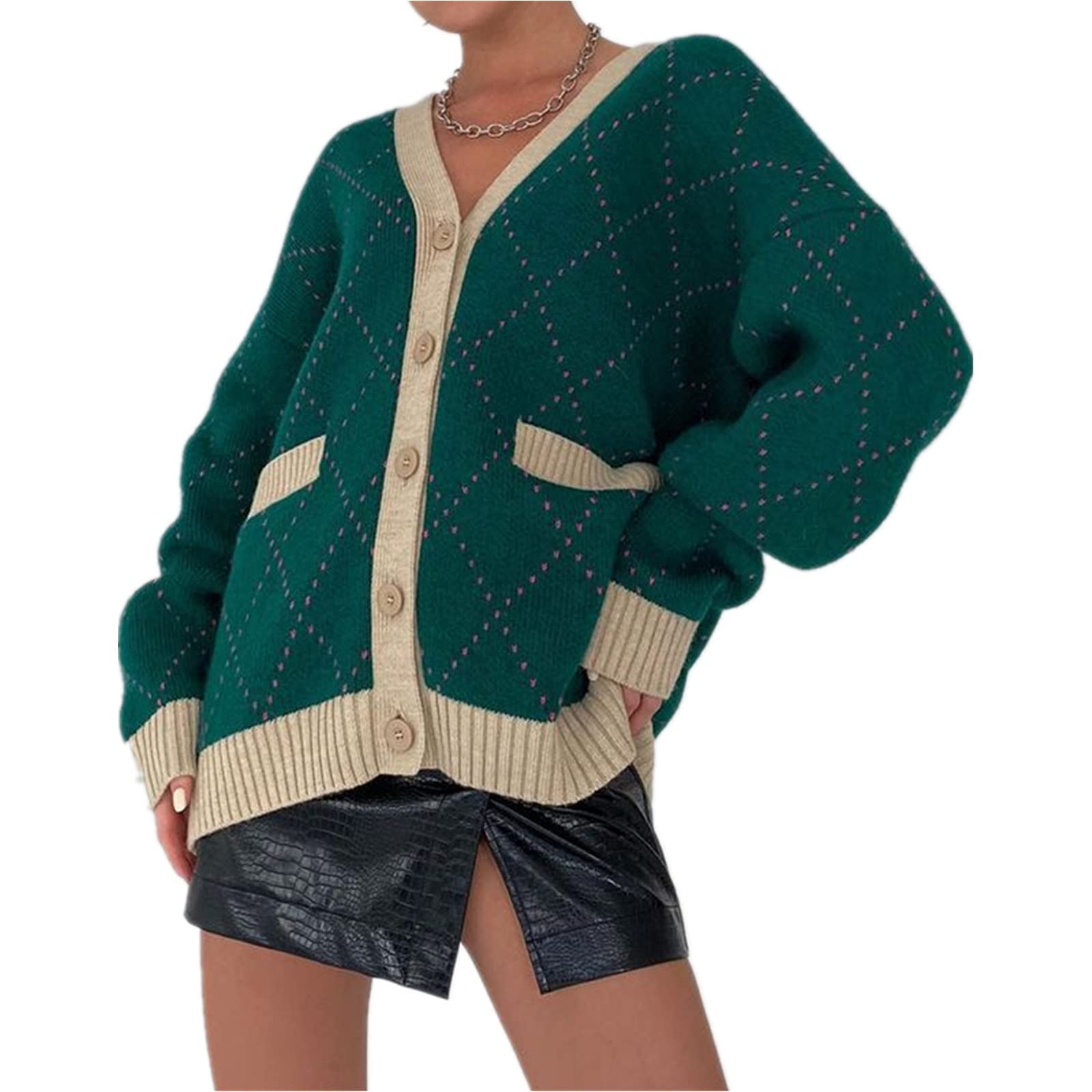 Women's Argyle Knit Cardigan Sweater - Oversized Long Sleeve V-Neck Preppy Aesthetic Coat | Y2K Harajuku Style Outerwear for Casual Wear, Office Outfits & Street Fashion