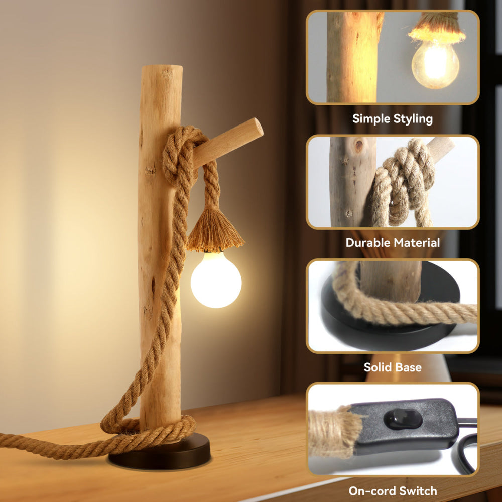 Minimalist Wood Hanger Table Lamp - Natural Birch Wood Nightstand Light for Bedroom, Living Room & Office Decor