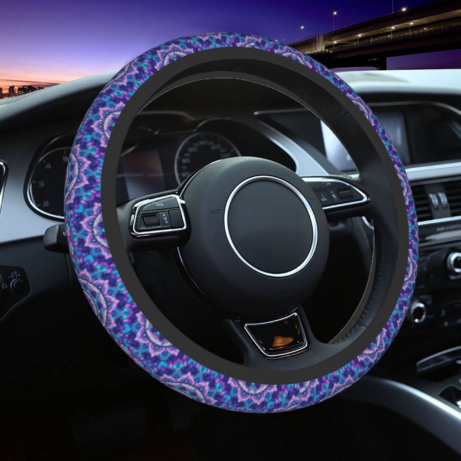 15 Inch Purple Mandala Flowers Steering Wheel Cover - Universal Car Wheel Protector for Cars & Trucks | Non-Slip Grip, Sun Protection & Stylish Interior Upgrade