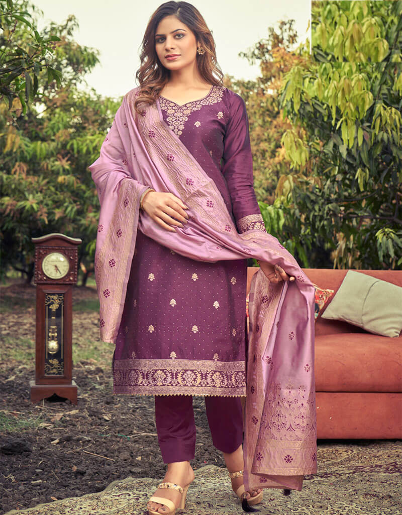 Banarasi Jacquard Purple Salwar Kameez Suit with Pant Bottom | Traditional Indian Ethnic Wear for Women | Perfect for Weddings, Festivals & Special Occasions