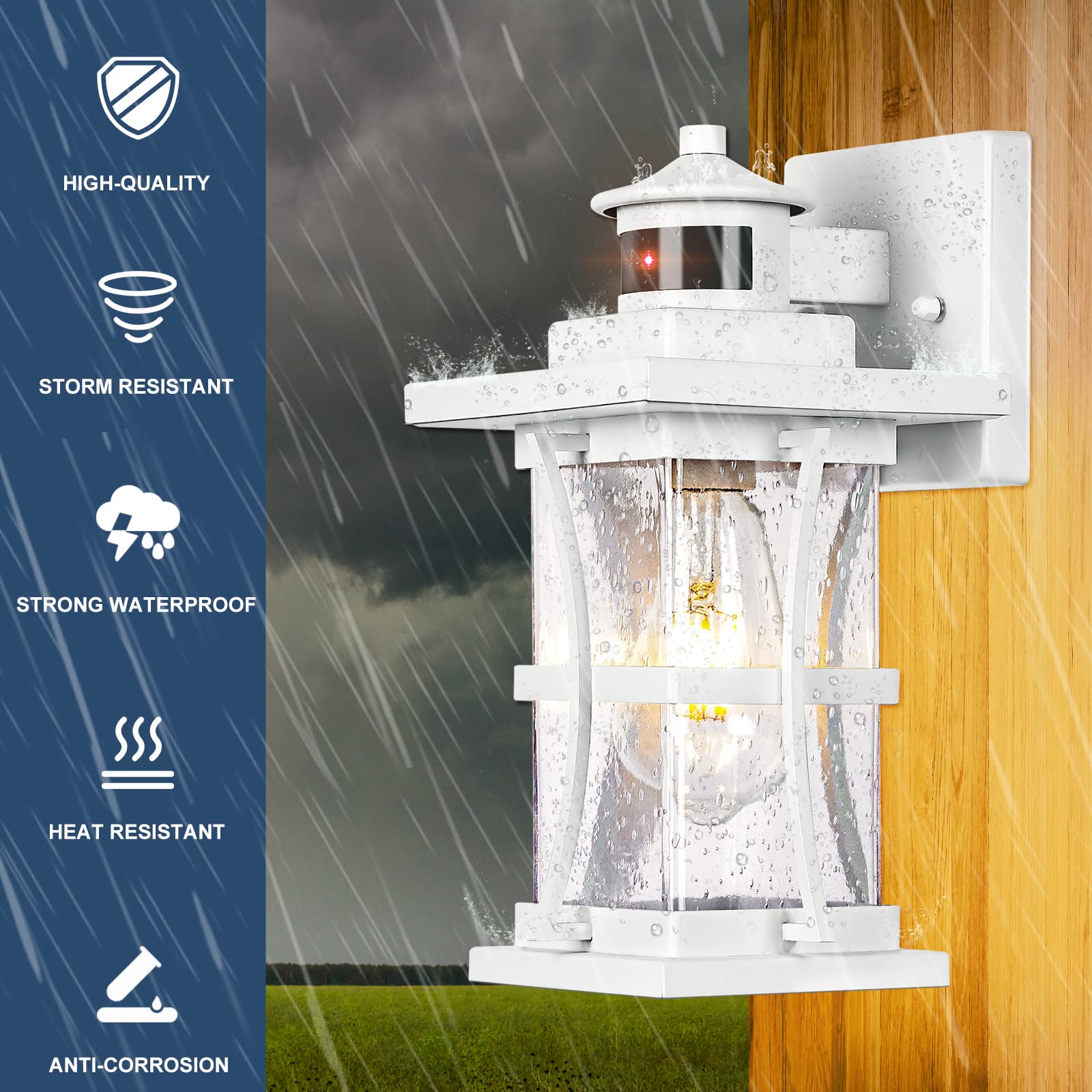 White Motion Sensor Outdoor Lights - Dusk to Dawn Waterproof Wall Mount Fixtures, Anti-Rust Exterior Lighting for House, Garage & Porch | Ideal for Security, Pathway & Entryway Illumination