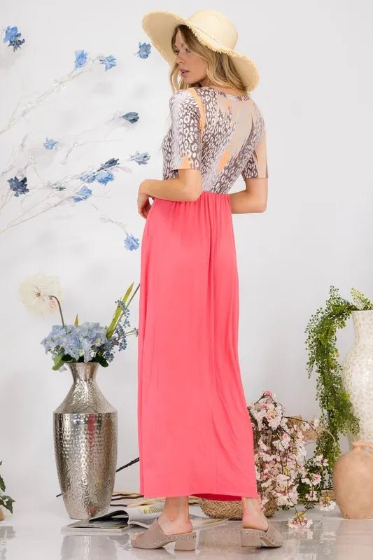 Celeste Women's Full Size Leopard Print Round Neck Short Sleeve Maxi Dress - Perfect for Beach Vacations, Summer Parties & Casual Outings