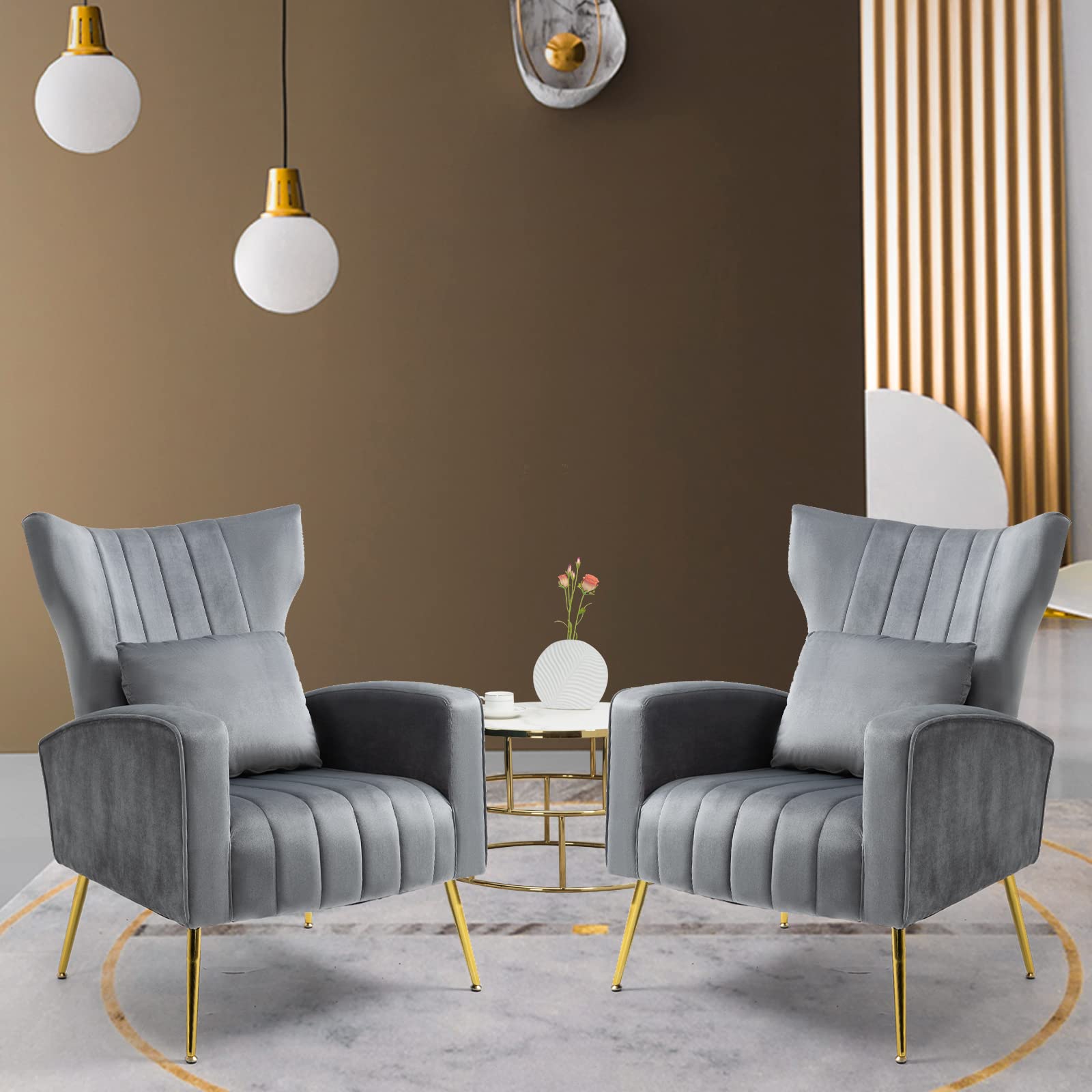 X-VOLSPORT Velvet Accent Chairs Set of 2 - Mid Century Modern High Back Living Room Chairs with Waist Pillow, Upholstered Armchairs with Gold Metal Legs - Perfect for Bedroom, Living Room, Club & Office Decor (Grey)
