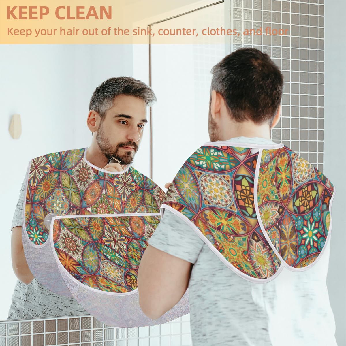 Men's Shaving Beard Bib with Ethnic Floral Mandala Pattern - Non-Stick Hair Catcher Apron & Cape with Suction Cups - Perfect Grooming Cloth for Husband & Dad - Ideal for Home Barbering, Salon Use & Birthday Gifts