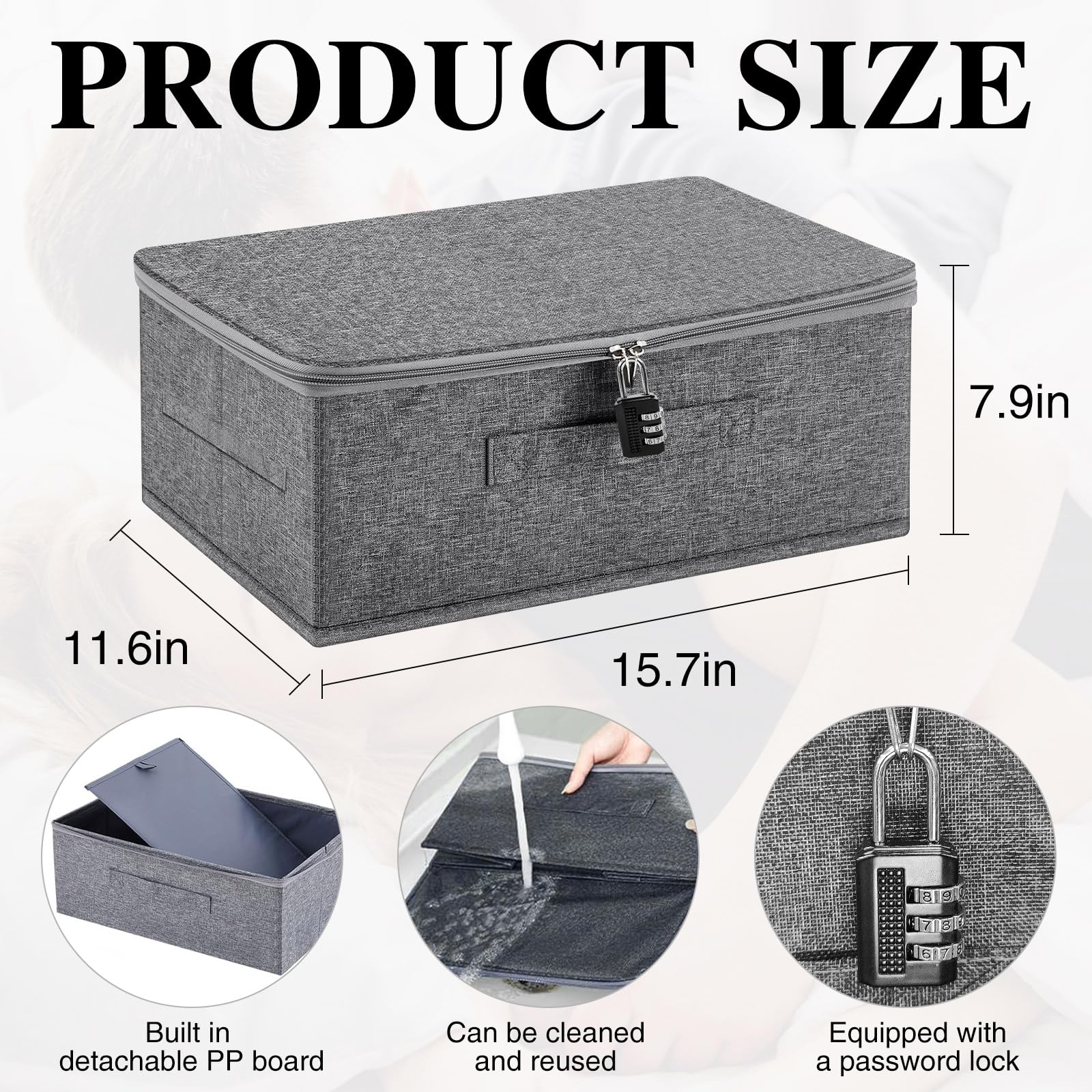 15 x 11 x 7 Inch Locking Storage Box - Foldable Lidded Organizer with PP Plastic Board, Washable Cotton Fabric - Perfect for Home, Closet, Clothes & Toy Organization (Gray)