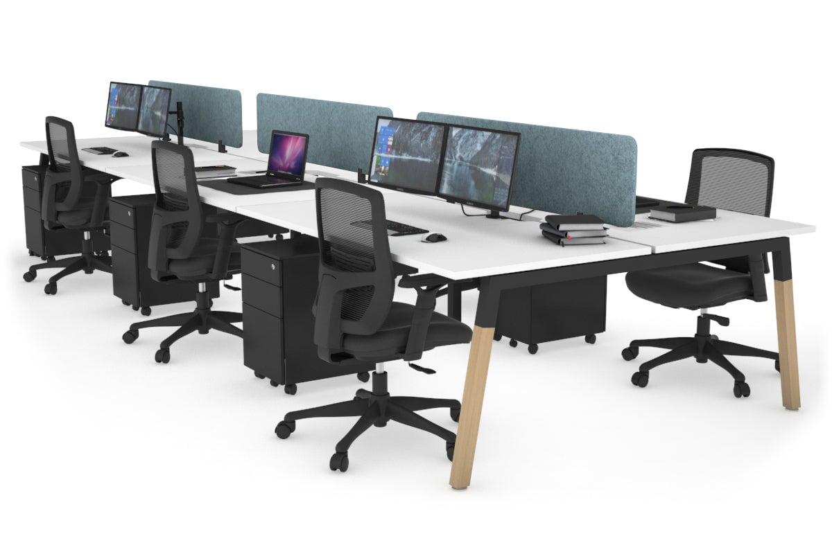 6-Person Office Workstation with Quadro A Legs & Wood Cross Beam - 1800L x 800W with Cable Management Scallop | Ideal for Collaborative Workspaces & Modern Offices
