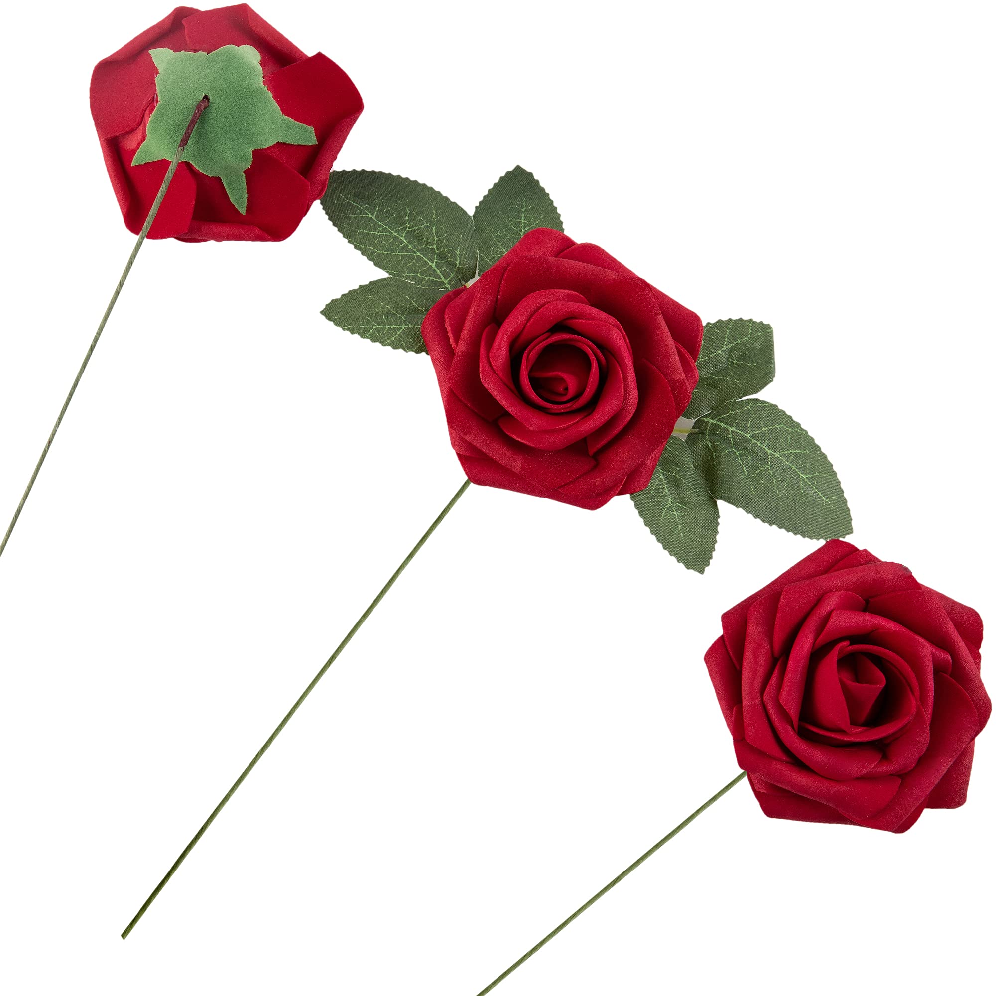 25pcs Realistic Artificial Foam Roses with Stems & Leaves - Dark Red Fake Flowers for Home Decor, Wedding Bouquets, Party Centerpieces, DIY Crafts, Garden Arrangements - Perfect for Valentine's Day, Anniversaries & Table Decorations
