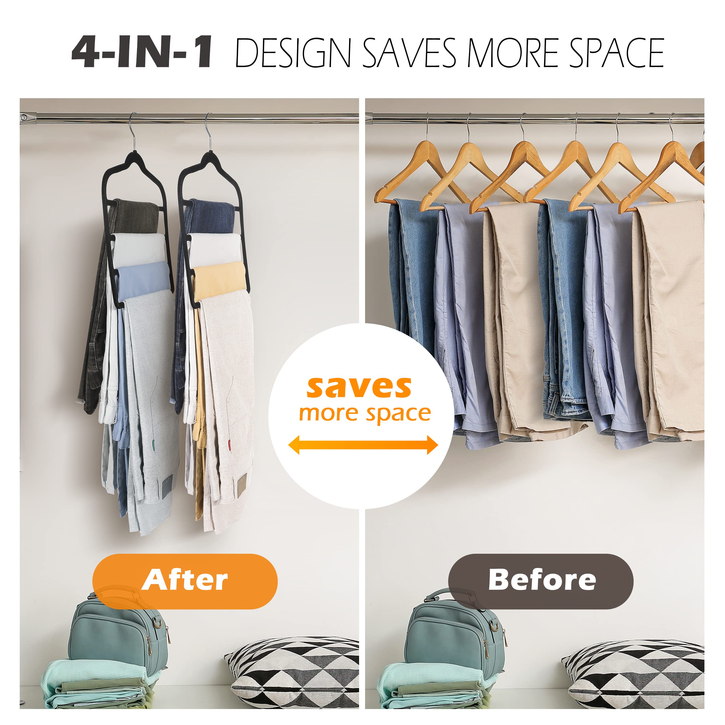 Velvet Non-Slip Pants Hangers - Space Saving Closet Organizer for Jeans, Shorts, Trousers, Scarf & Tie - 5 Pack Black Velvet Hangers for Wardrobe Storage & Organization - Perfect for Small Closets, Travel & Home Use