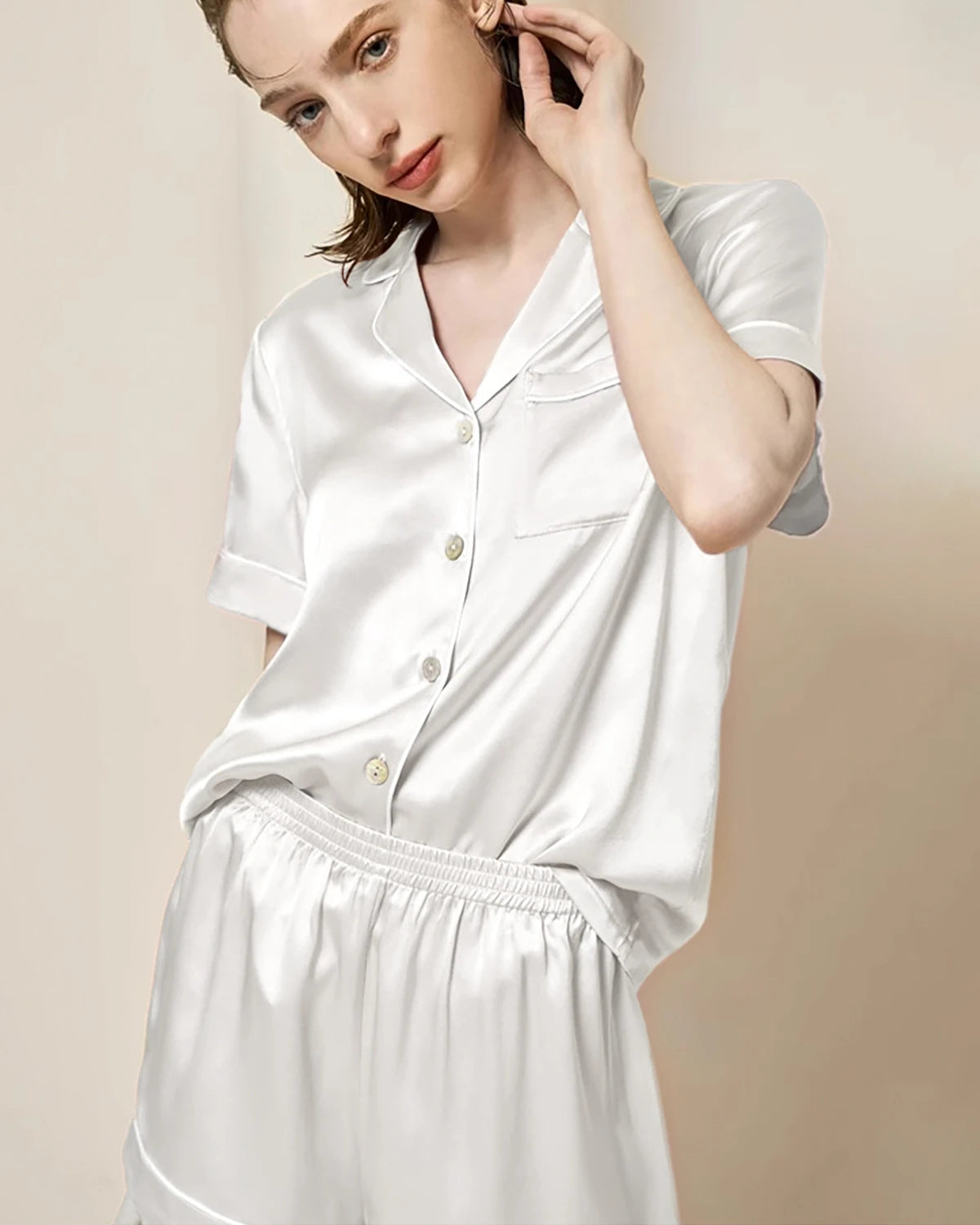 Silk Pajama Set for Women - Washable Short Sleeve Sleepwear - Soft & Breathable Nightwear for Summer, Lounge & Travel