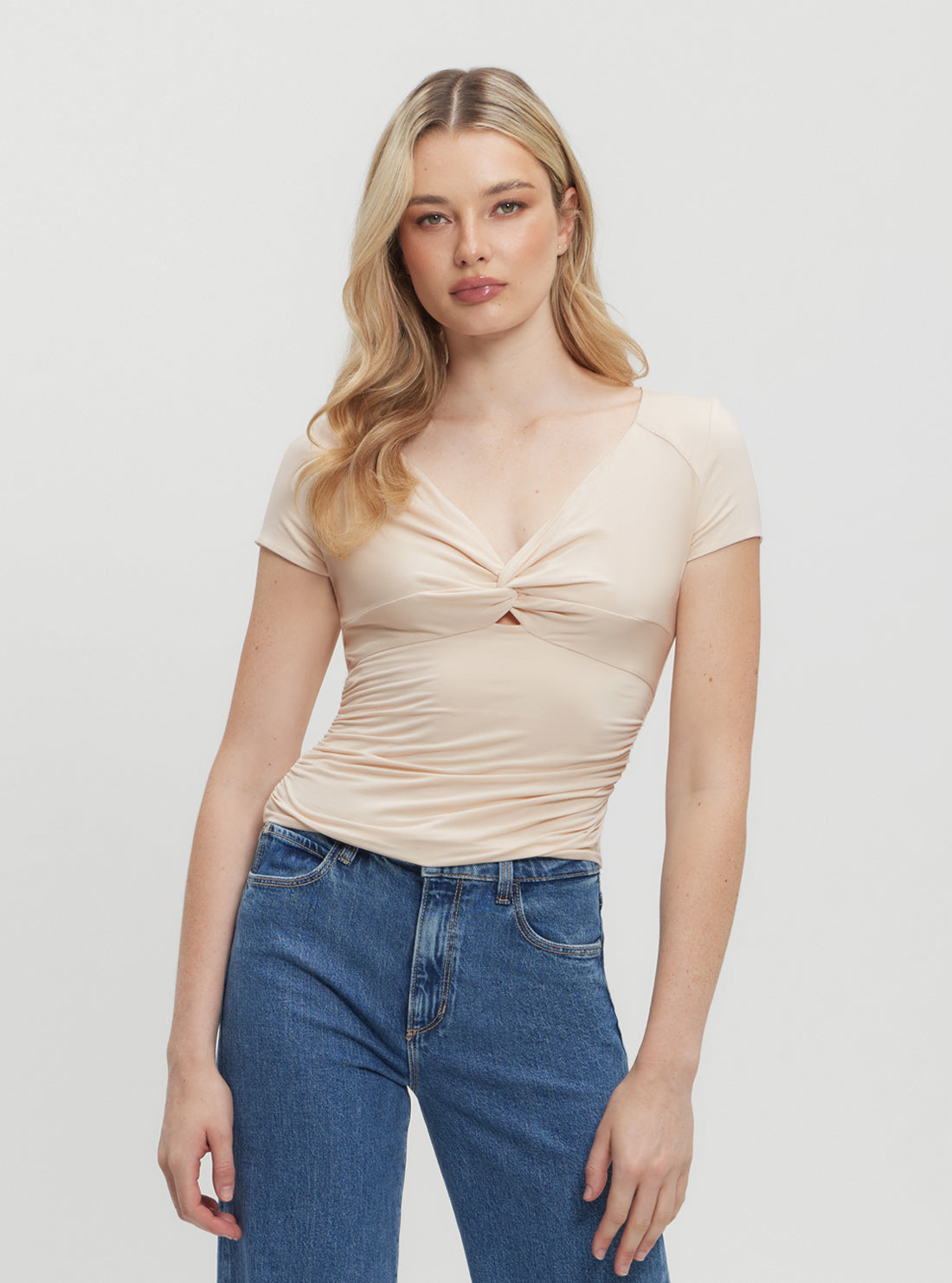 Beige Charlotte Draped Top Women's Elegant Blouse - Perfect for Office Wear, Date Night & Special Occasions