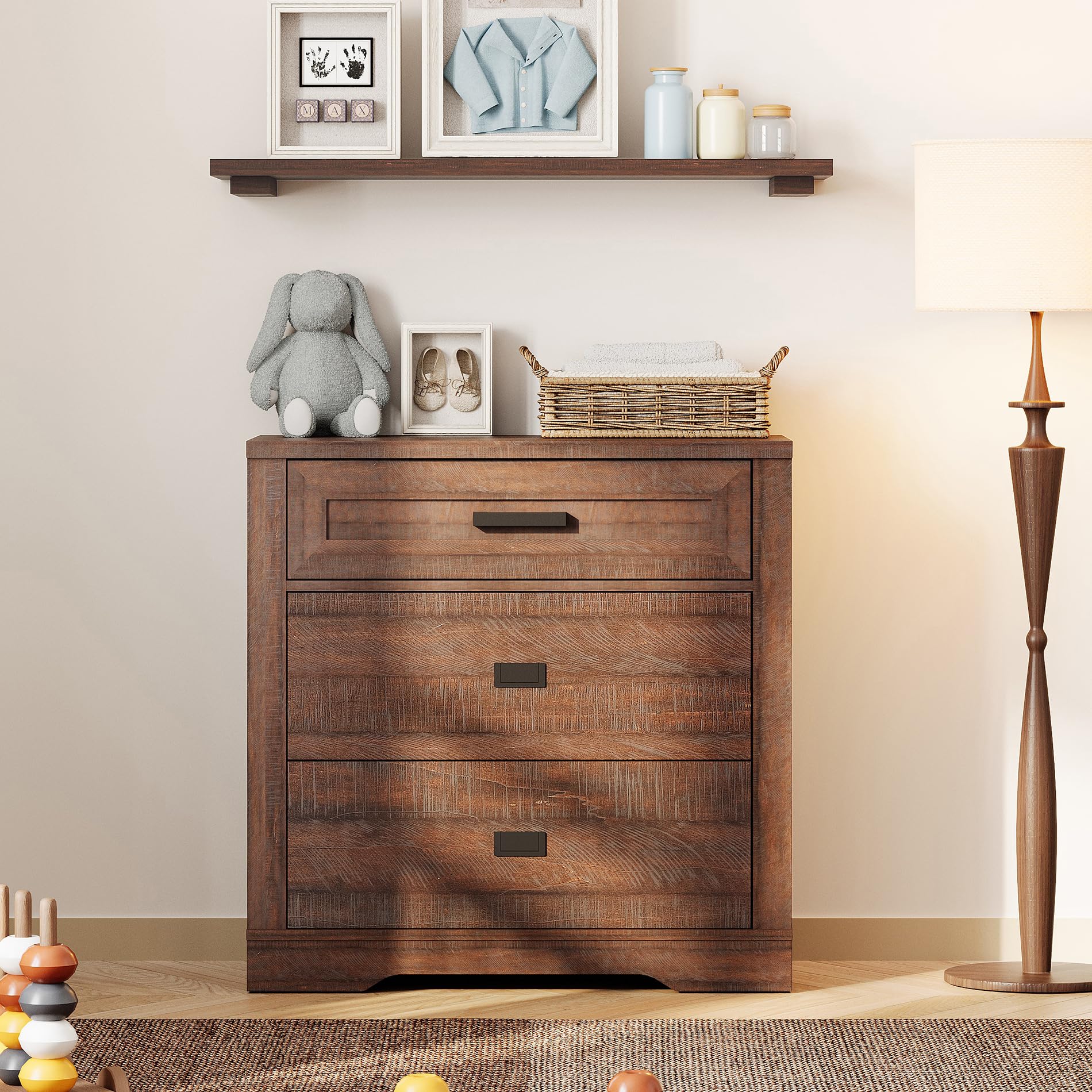 WAMPAT 3-Drawer Kids Dresser - Modern Farmhouse Wooden Chest for Nursery, Bedroom & Hallway Storage - Rustic Brown Organizer for Clothes, Toys & Essentials | Perfect for Small Spaces & Home Decor