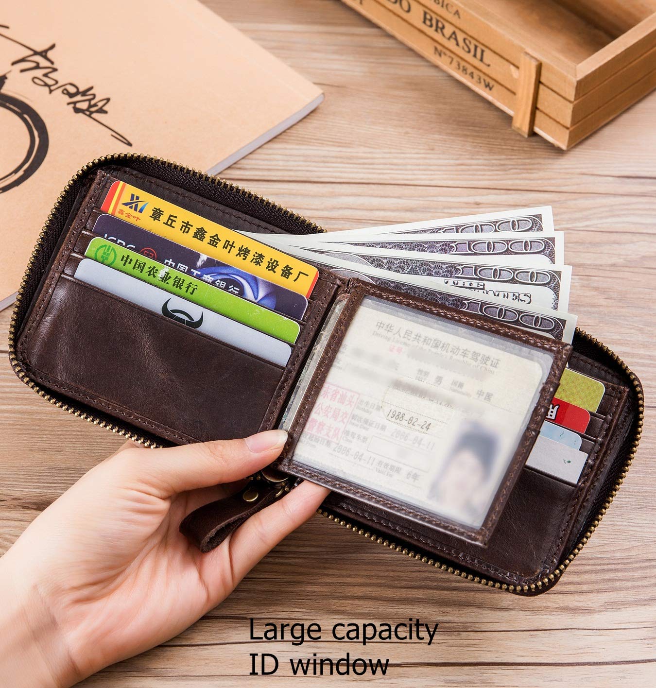 BULLCAPTAIN Genuine Leather RFID Blocking Bifold Wallet for Men - Slim ID Window Credit Card Holder with Zipper (Dark Brown) | Perfect for Everyday Use, Travel & Business