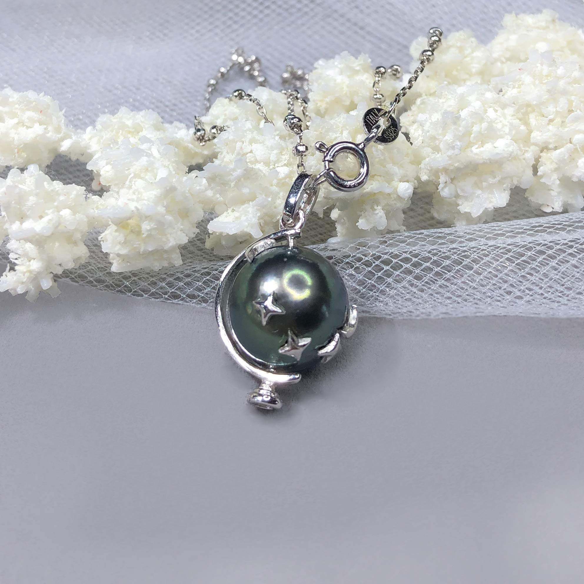 Authentic Tahitian Black Pearl Sterling Silver Pendant Necklace - 925 Silver South Sea Pearl Jewelry - Perfect for Weddings, Anniversaries & Special Occasions
