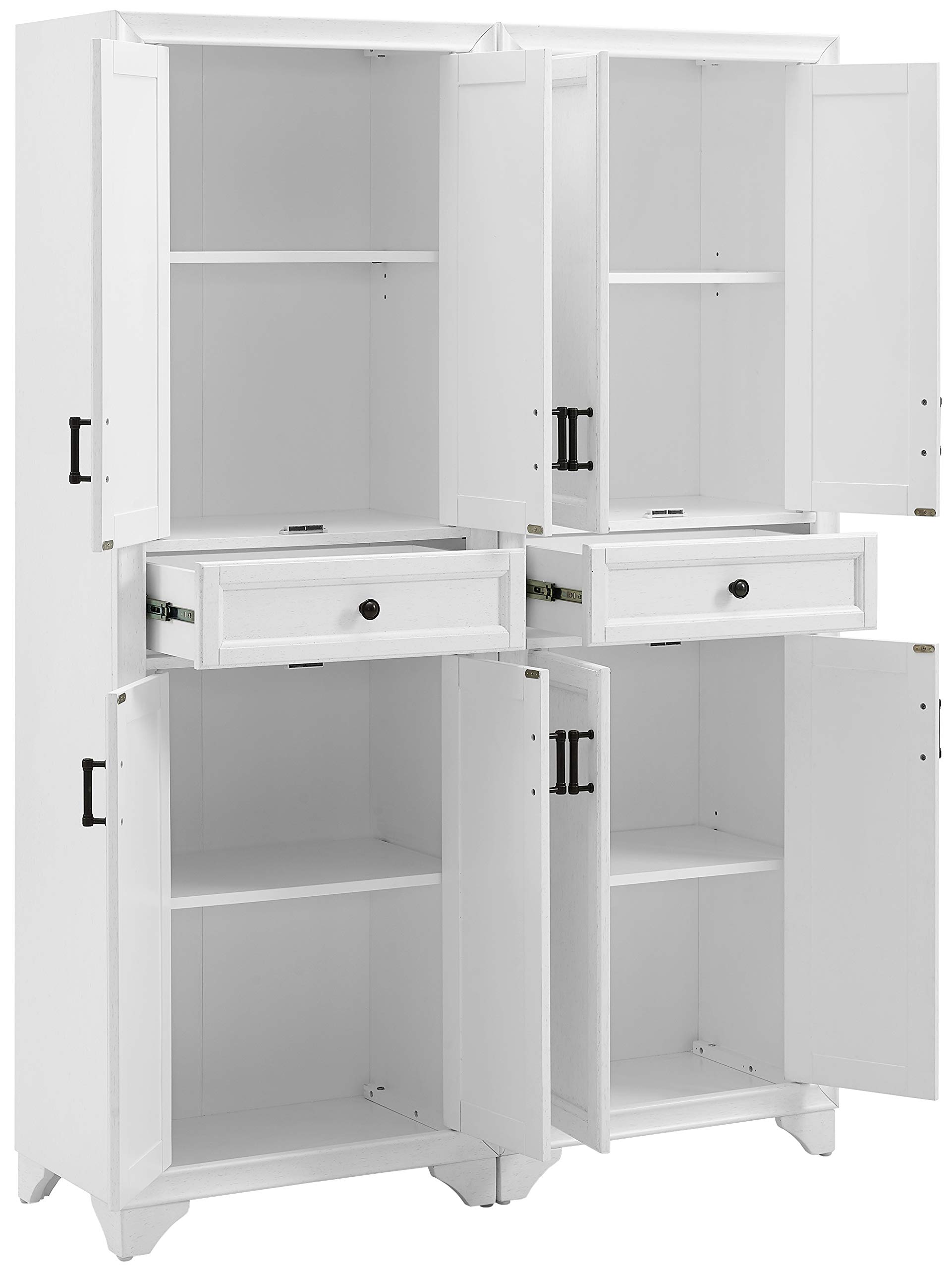 Crosley Furniture Tara 2-Piece Pantry Storage Cabinet Set with Adjustable Shelves - Distressed White Kitchen Organizer for Dining Room & Laundry Room Storage | Perfect for Small Spaces & Home Organization