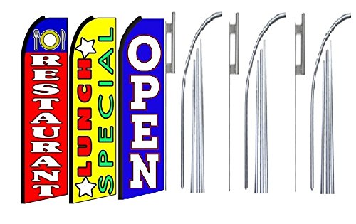 OnPoint Wares Restaurant Lunch Special Open King Feather Flag Sign Kit with Pole and Ground Spike - 3 Pack | Outdoor Advertising for Restaurants, Cafes & Food Trucks | Durable Weather-Resistant Flags for Business Promotion