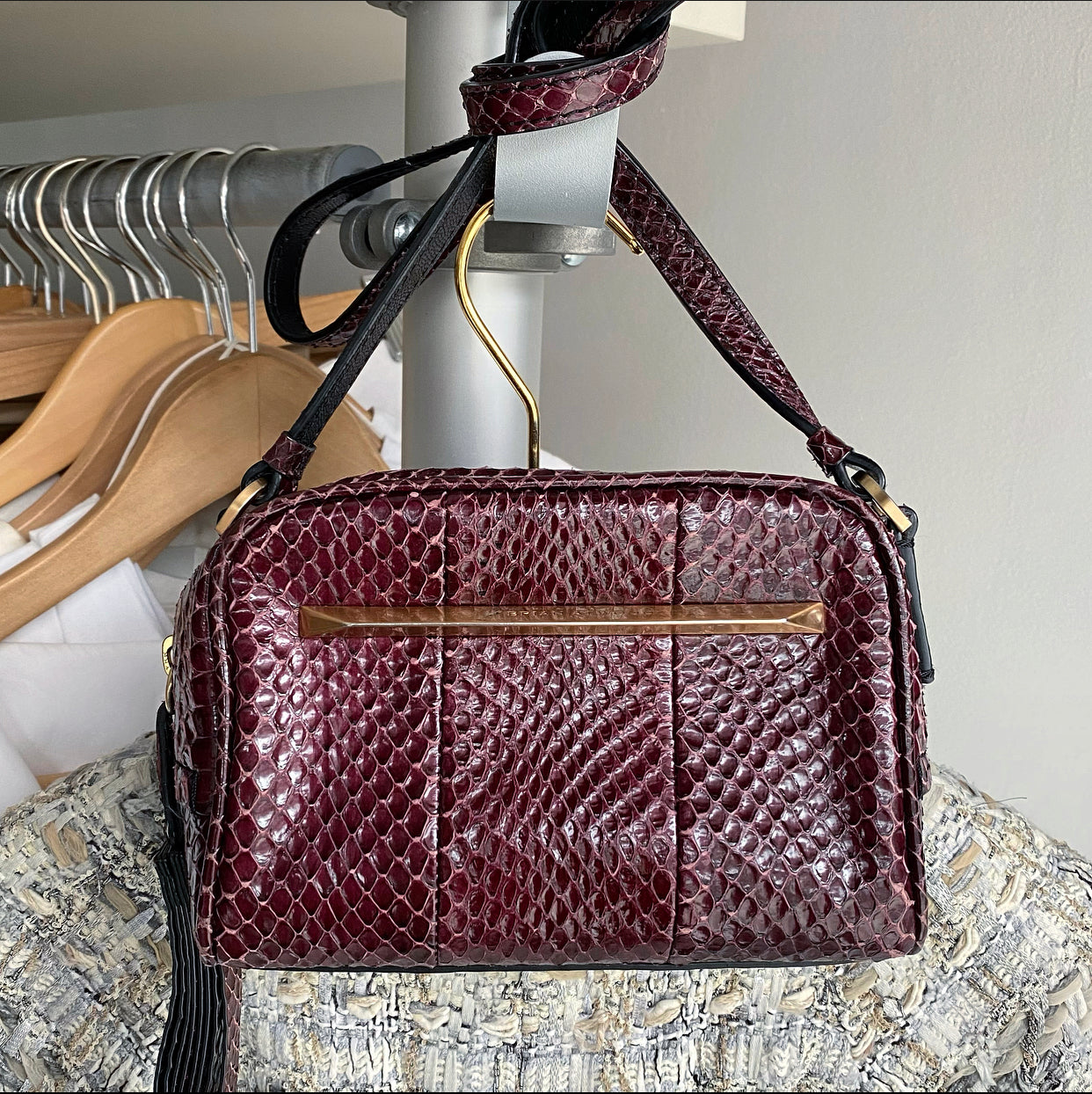 Brian Atwood Burgundy Python Exotic Mini Crossbody Bag for Women - Luxury Designer Handbag for Evening Parties, Date Nights & Special Occasions