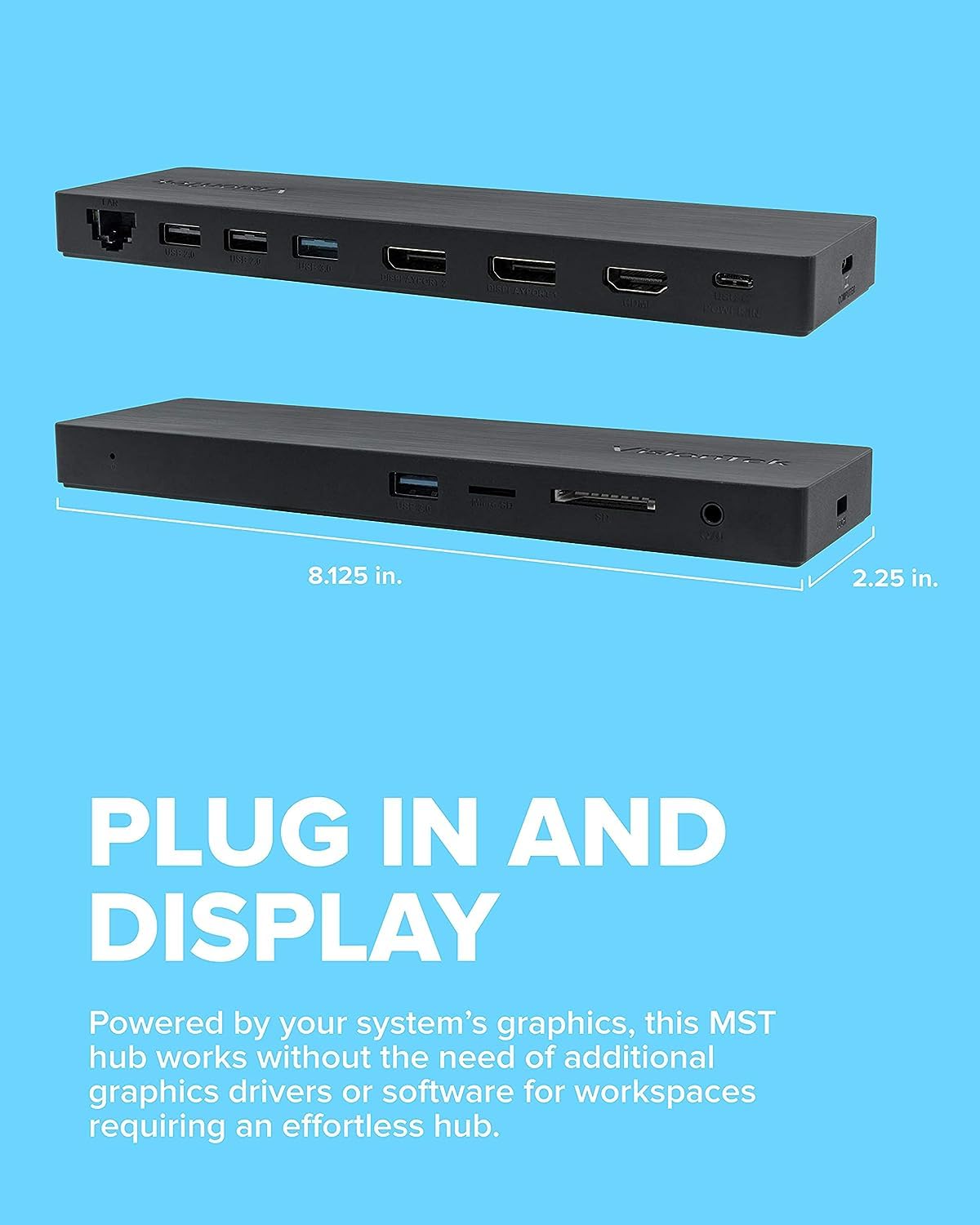 VisionTek VT2000 USB-C MST Triple Monitor Docking Station - 2x DisplayPort, 1x HDMI, 4x USB Ports, Audio, Ethernet, SD Card Reader for Windows Laptops - Perfect for Home Office, Remote Work & Multi-Screen Productivity