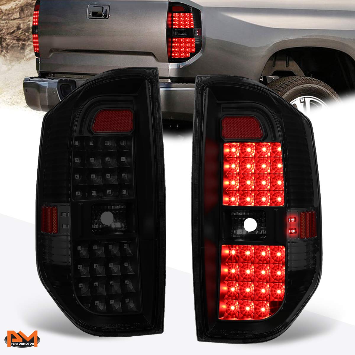 PM PERFORMOTOR Full LED Tail Lights Brake Lamps Assembly for 2014-2018 Toyota Tundra - Black Housing & Smoked Lens - Enhanced Visibility & Style for Night Driving & Off-Road Adventures