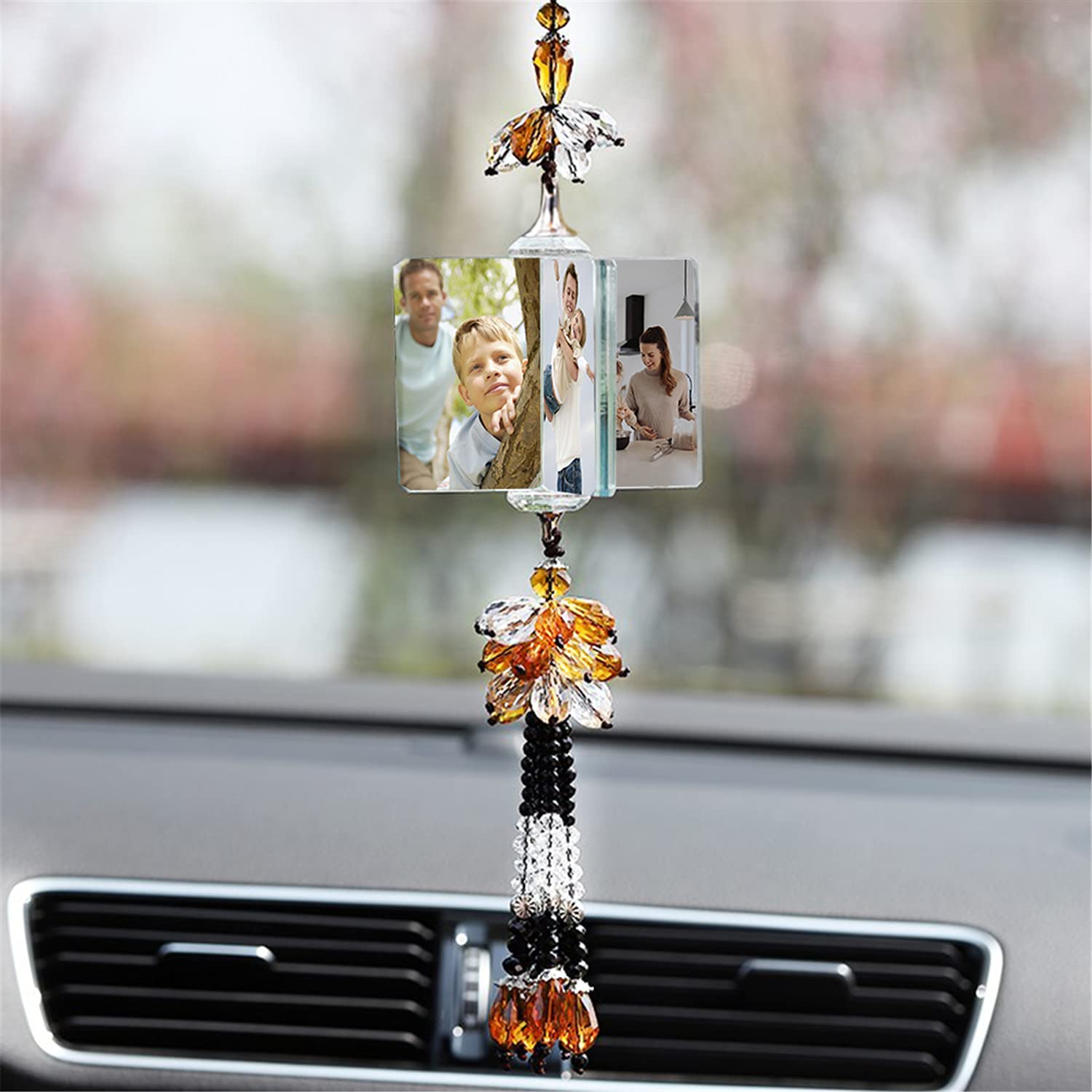 Crystal Windmill Pendant Car Mirror Hanging with 4 Photo Frames - 40-60cm Orange Rearview Mirror Ornament for Car Accessories - Perfect for Personalizing Your Vehicle and Adding a Stylish Touch to Your Daily Commute