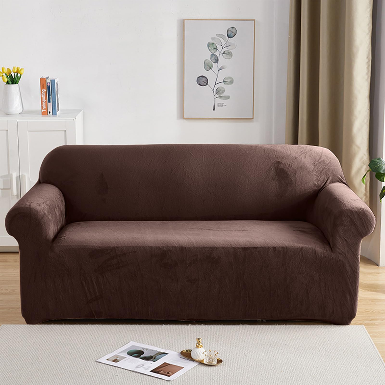 Elastic Stretchable Sofa Covers for 3 Seater Couches - Soft Velvet Fabric, Thick Durable Slipcover in Brown - Perfect for Living Room Furniture Protection & Home Decor Upgrade