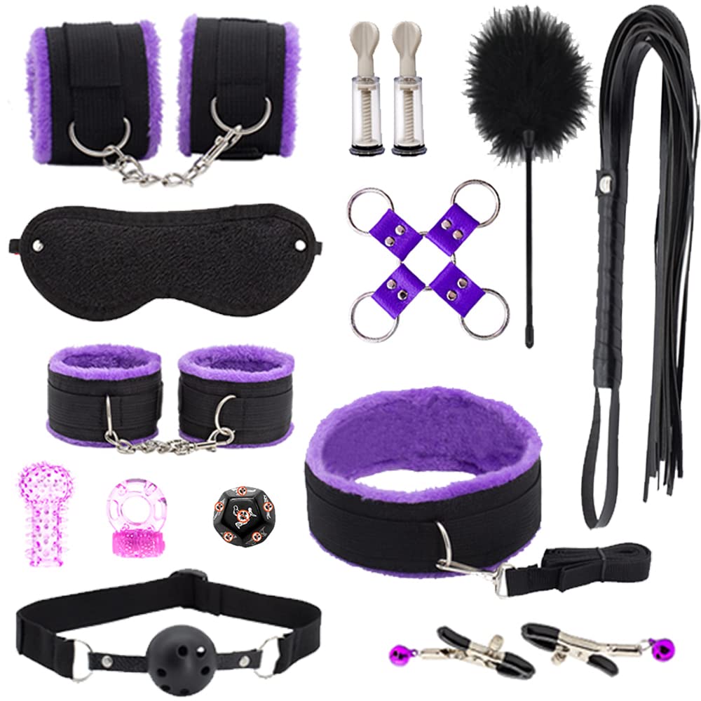 28-Piece BDSM Restraints Kit for Beginners - Bondage Cuffs, Gag, Blindfold & Spanking Paddle in Purple | Fetish Bed Restraints Set for Couples Adult Games & SM Play | Enhance Intimacy & Spice Up Your Sex Life