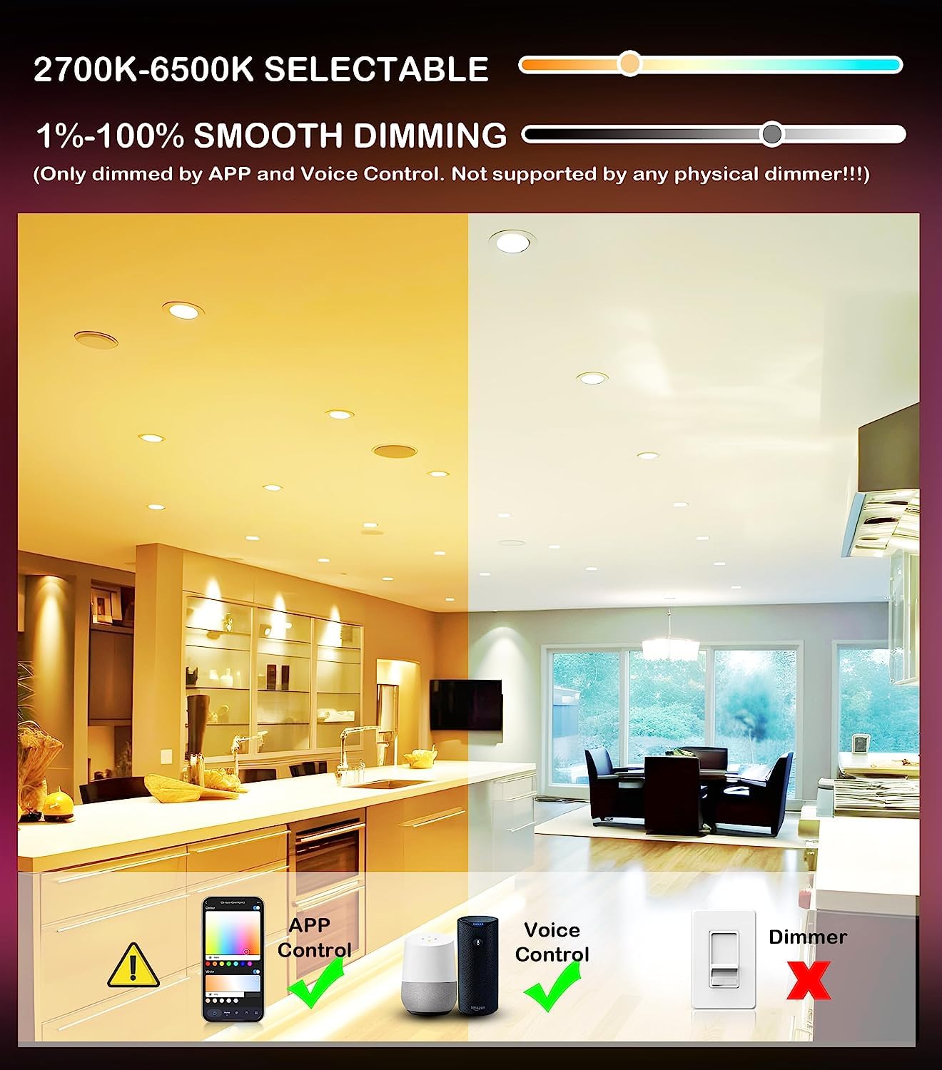 CLOUDY BAY [6 Pack] 6 Inch Smart LED Recessed Ceiling Light with RGB Backlight - 15W 2700K-6500K Color Temperature, 3W Color Changing Ultra-Thin Recessed Lighting, Baffle Trim Wafer Downlight with Hub - Perfect for Living Room, Bedroom, Kitchen, and Home Theater Lighting