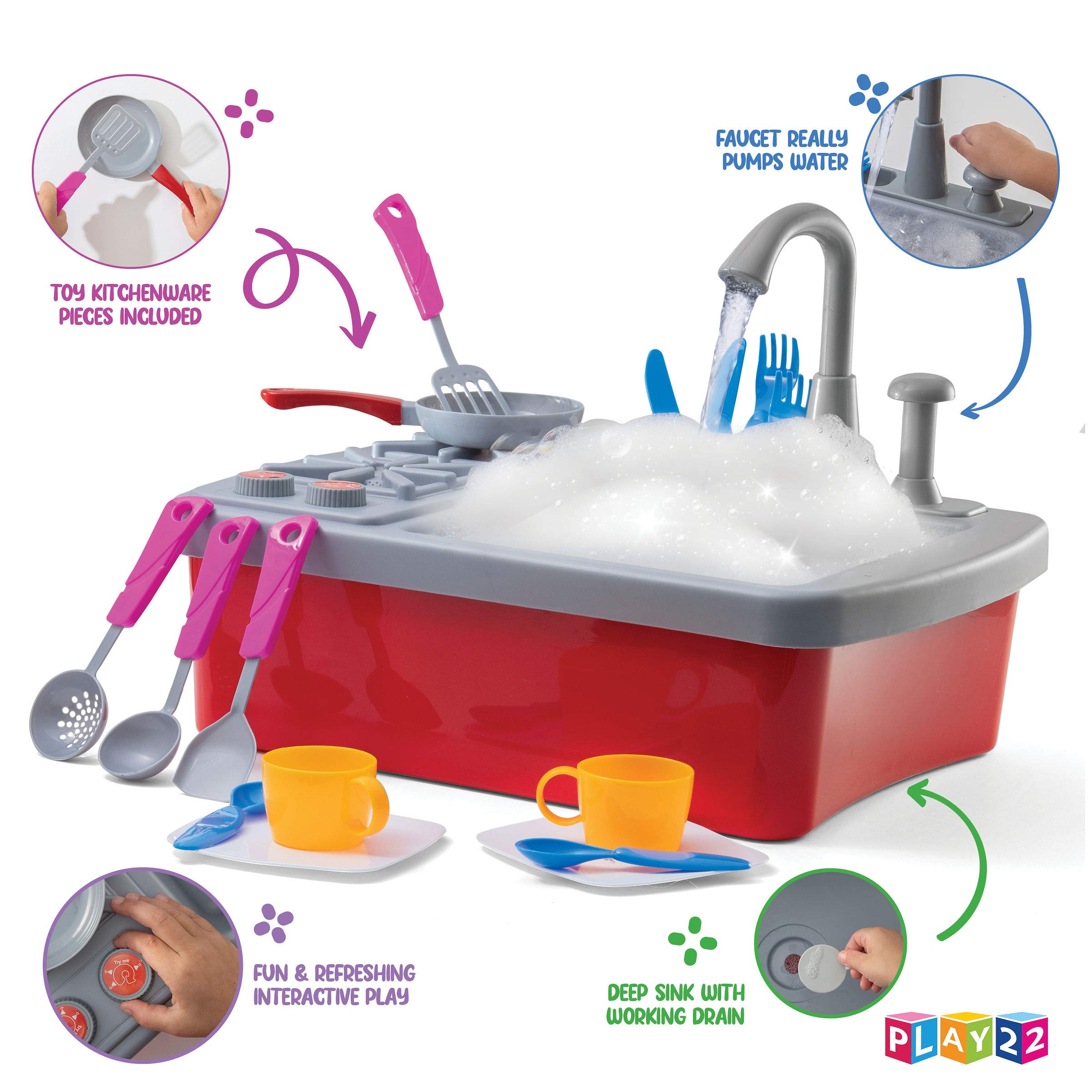 Play22 17-Piece Kids Play Kitchen Sink Set with Running Water - Realistic Toddler Sink Toy with Faucet, Drain, Dishes & Utensils - Includes Play Stove & Pan - Pretend Play Kitchen Toys for Boys & Girls Ages 3+ - Perfect for Imaginative Play, Role-Playing & Early Childhood Development