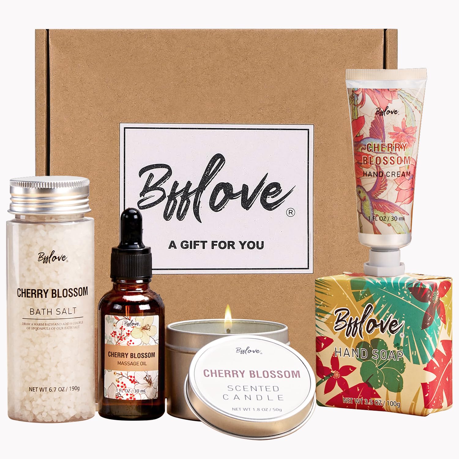 BFFLOVE 5-Piece Cherry Blossom Spa Gift Set for Women - Relaxing Massage Oil, Scented Candle, Bath Salts, Hand Cream - Perfect Birthday, Christmas & Self-Care Gifts for Her | Ideal for Spa Nights, Pampering Sessions & Thoughtful Present Giving