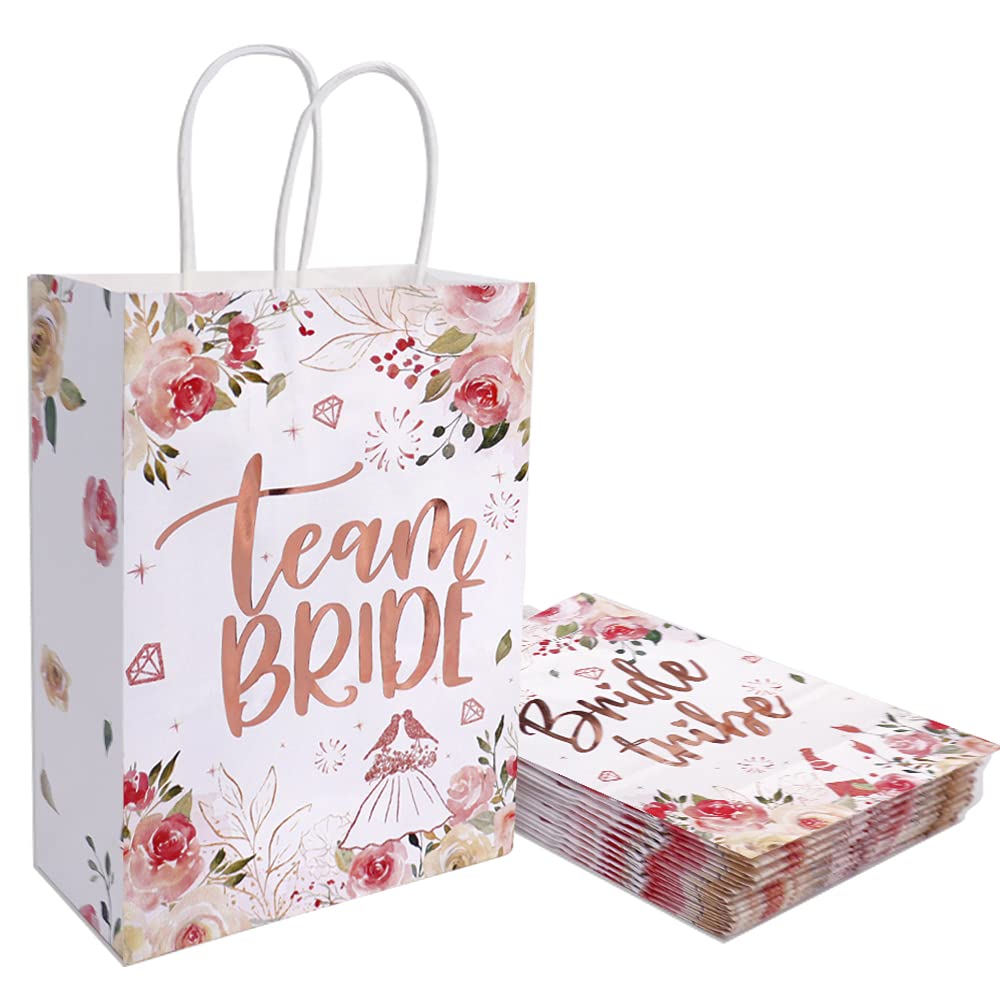 Team Bride Bags with Handles - Rose Gold Floral Bridesmaid Gift Bags for Bachelorette Party, Bridal Shower & Wedding Favors - Perfect for Bride Tribe, Hen Party & Wedding Decorations
