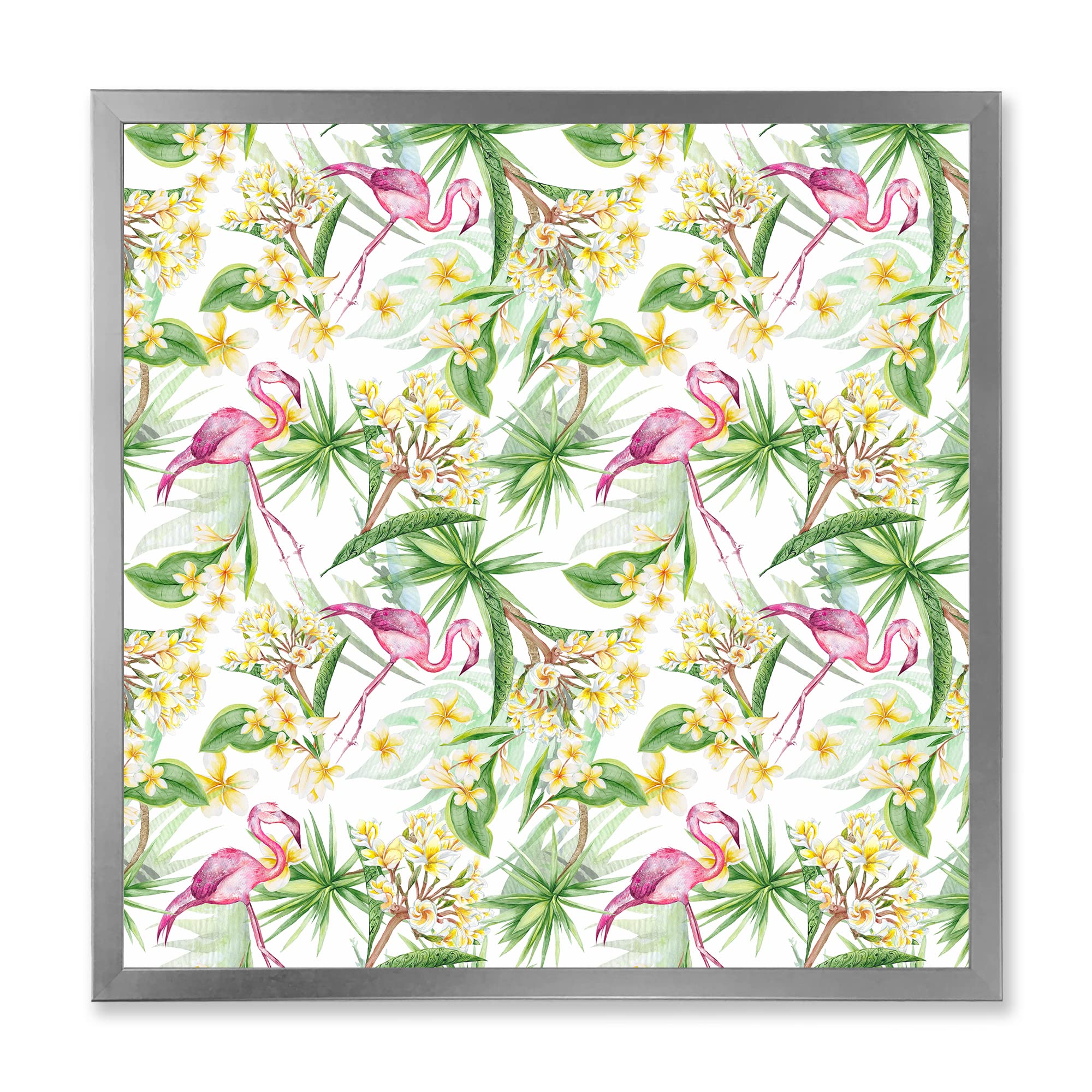 DesignQ Tropical Foliage & Yellow Flowers with Flamingo IV Modern Framed Wall Art - Perfect for Living Room, Bedroom & Office Decor