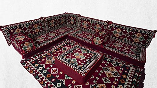 Oriental Floor Seating Set - Maroon Arabic Corner Sofa with Floor Cushions | Traditional Majlis Furniture for Moroccan Jalsa & Middle Eastern Style Living Room Decor