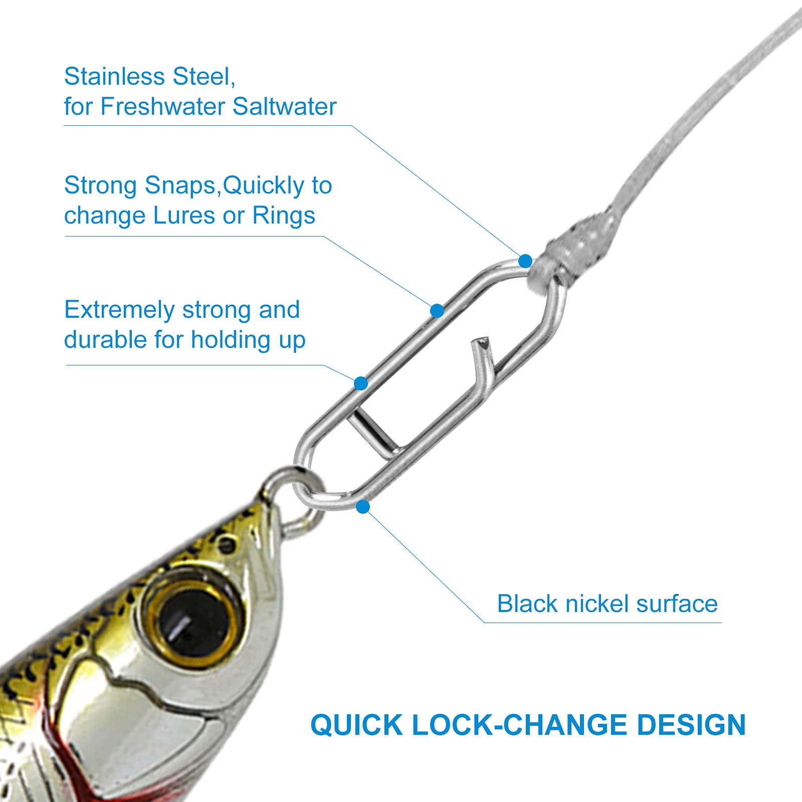 Tactical Anglers Power Clips - 50 Pcs Stainless Steel Quick Change Fishing Snaps for Lures, Decoys & Longlines (3 Sizes) - Perfect for Saltwater, Freshwater & Ice Fishing