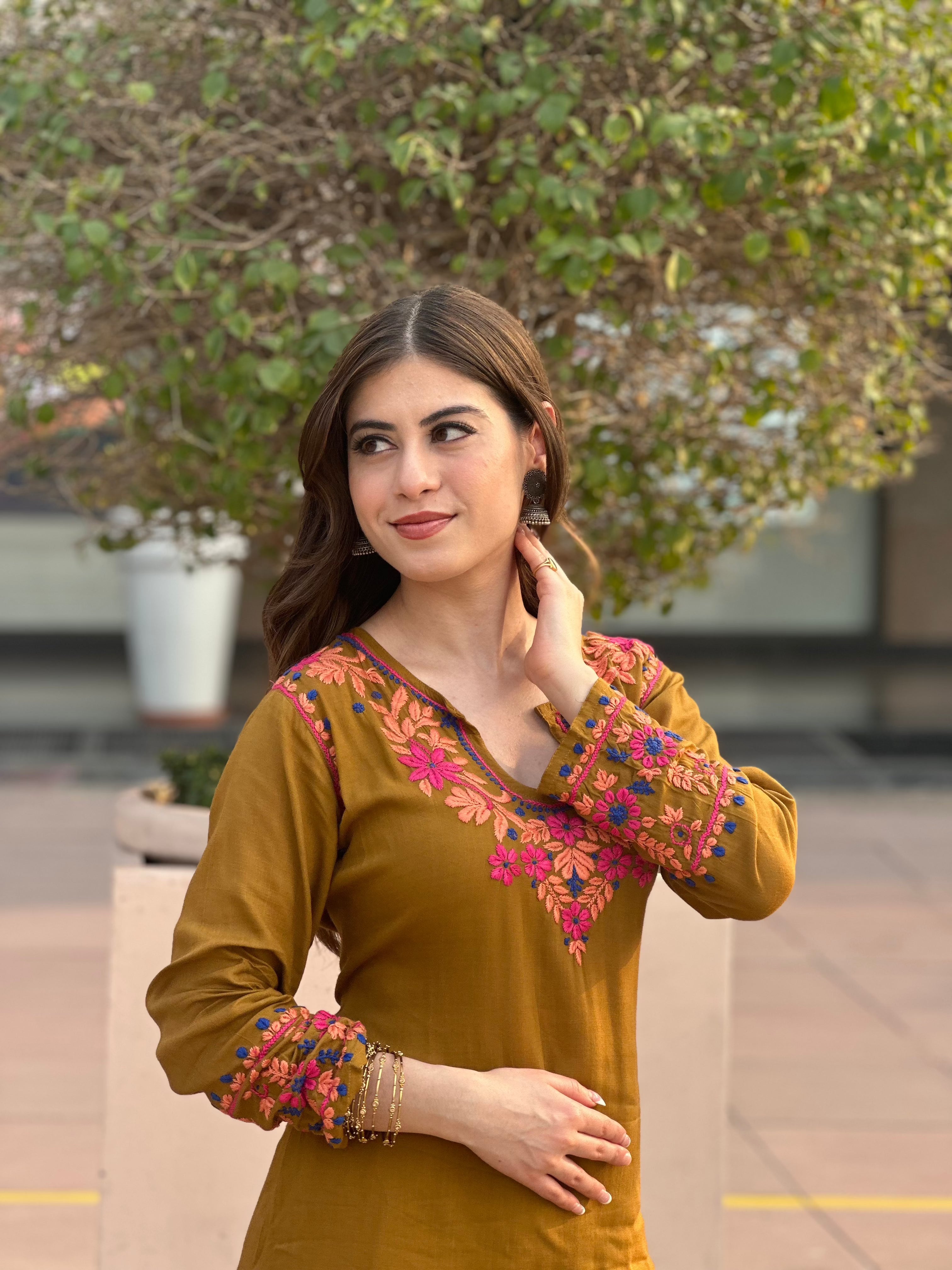 Fizaa's Chikankari Cotton Silk Kurta Set for Women - Mustard Color | Elegant Indian Ethnic Wear | Perfect for Festivals, Weddings & Special Occasions