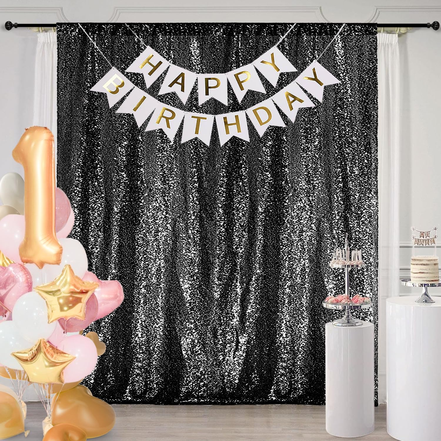 10×10FT Black Sequin Photography Backdrop Curtain - Glitter Fabric Background for Wedding, Party, Birthday Decor - Perfect for Photo Booths, Stage Shows & Event Backdrops