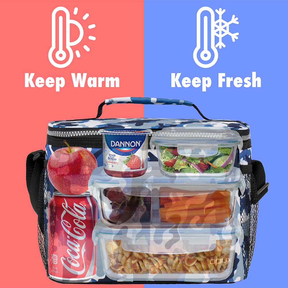 Opux Insulated Lunch Bag for Men & Women - Leakproof Camo Blue Lunch Box for Work, School & Picnics - Portable Soft Cooler Bag with Shoulder Strap - Adult & Kids Lunchbox Holds 14 Cans/8L - Perfect for Office, Hiking, Camping & Daily Commute