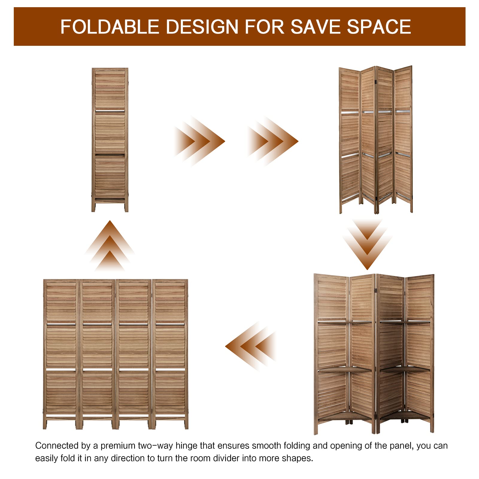 ECOMEX 4 Panel Wood Room Divider Screen - Freestanding Folding Privacy Partition with Shelves for Home & Office (Brown) | Perfect for Living Room, Bedroom, Studio Space Separation & Decoration
