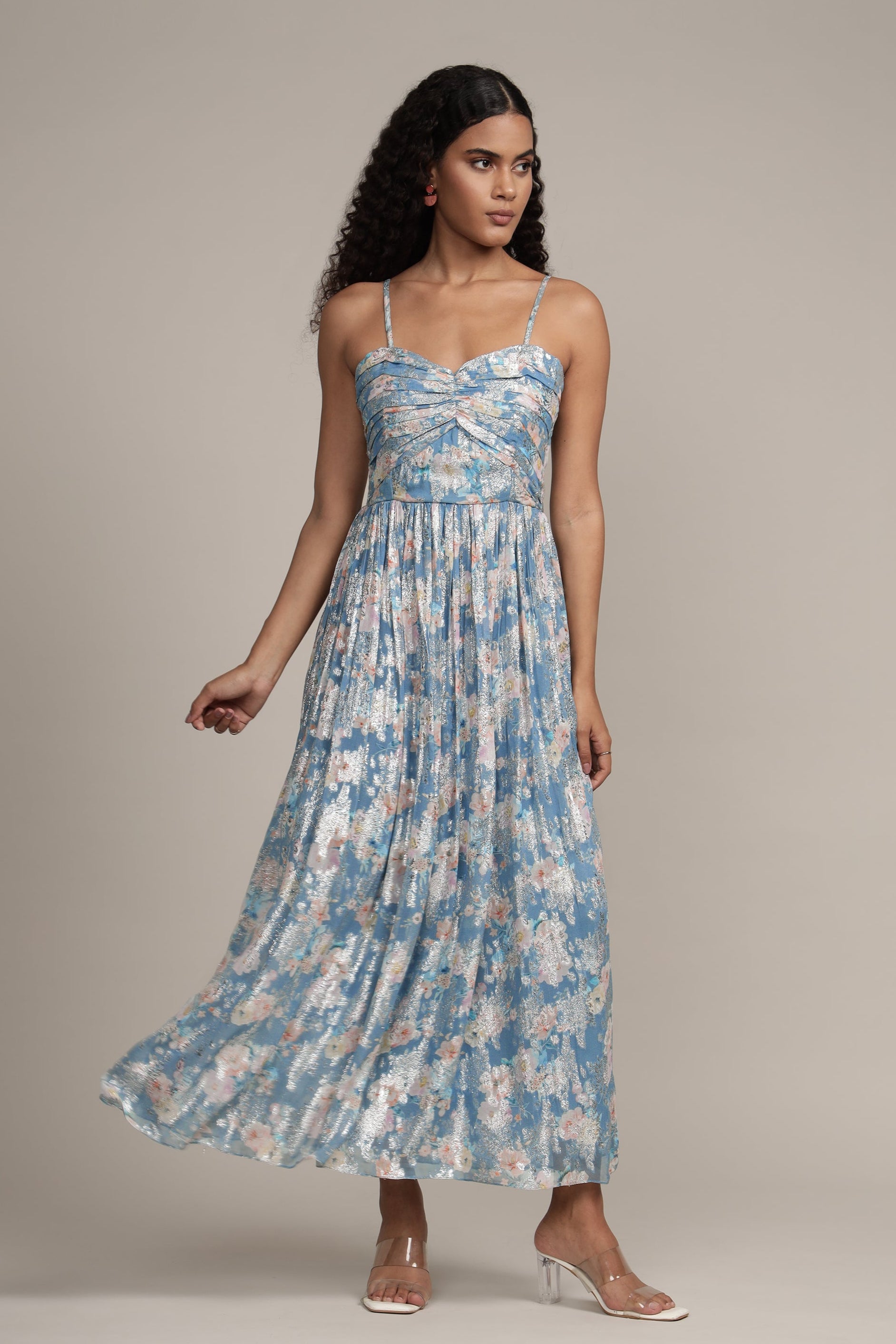 Nelex Metallic Printed Midi Dress - Blue Floral Elegant Party Dress for Women | Perfect for Cocktail Parties, Weddings & Date Nights