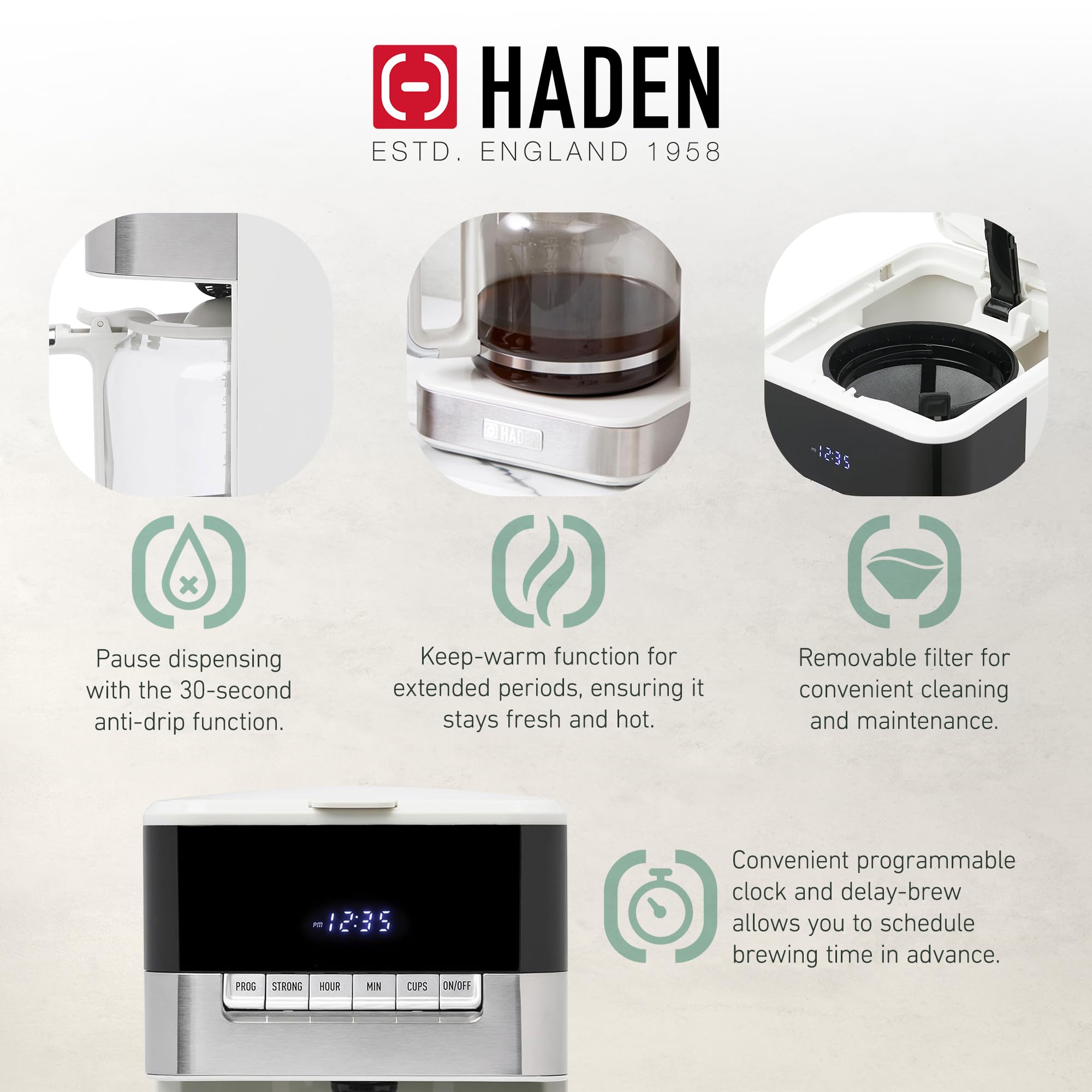 HADEN Quintessential 12 Cup Programmable Coffee Maker with 120-Minute Keep Warm, Delay Brew, Adjustable Strength & Anti-Drip - Ivory/Chrome - Perfect for Home, Office & Morning Brews