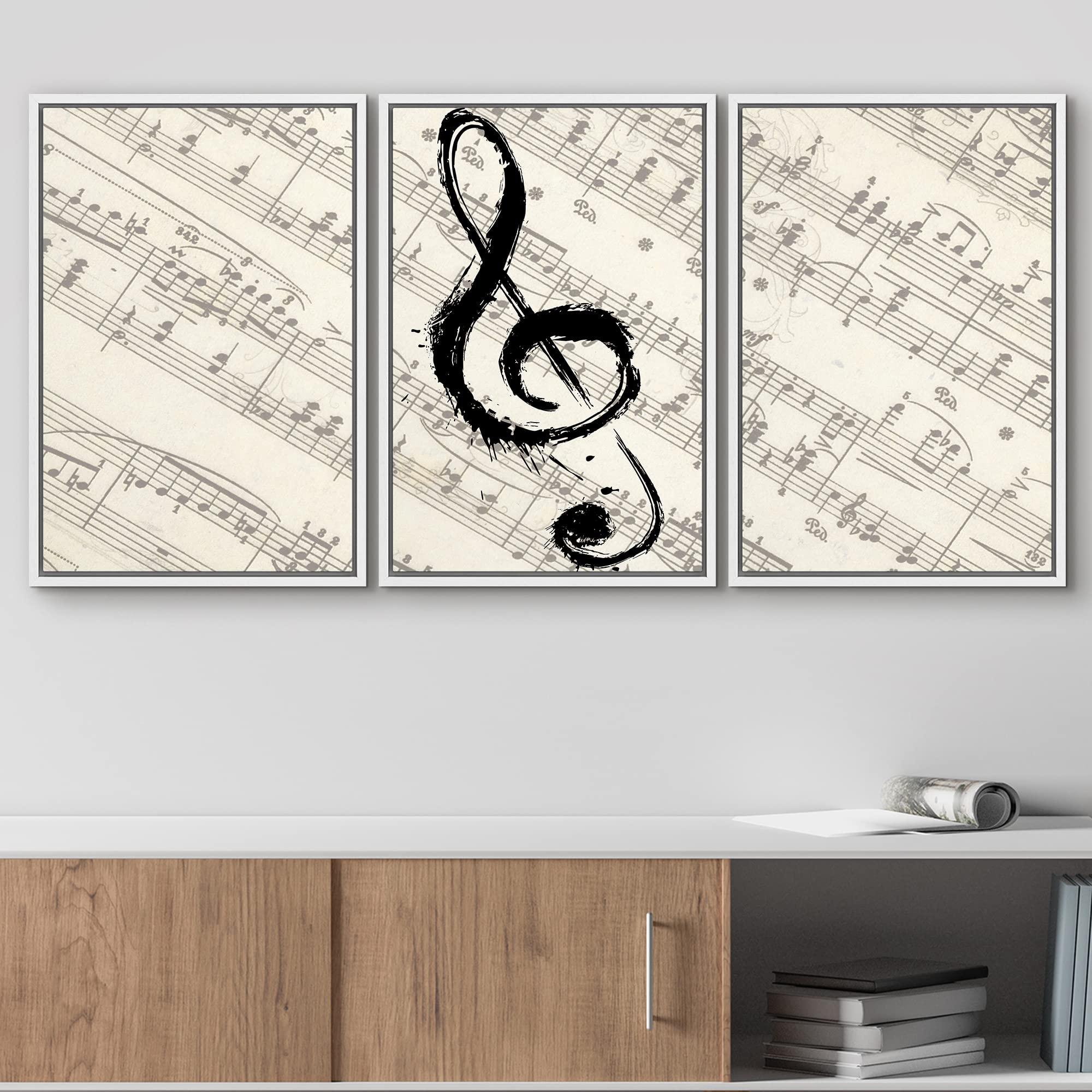 wall26 - Framed Canvas Art Wall Decor - Music Note on Score Paper - 16x24 Inches White - Perfect for Living Room, Bedroom & Office Decor
