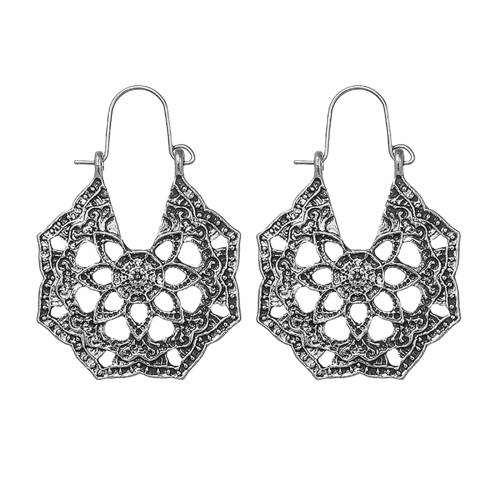 Vintage Geometric Semicircle Earrings - Handcrafted Gold & Silver Floral Fan-Shaped Dangle Earrings for Women | Elegant Jewelry Set for Parties, Weddings & Special Occasions (Size D, One Size)