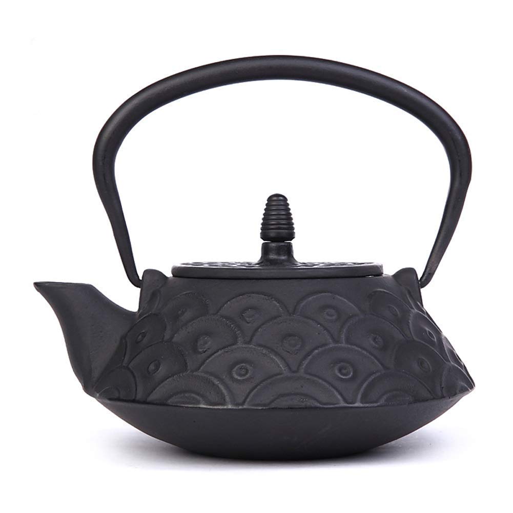 JHSHENGSHI 900ml Cast Iron Teapot with Stainless Steel Infuser - Retro Classic Ceramic Kettle for Loose Tea & Teabags, Fish Scale Pattern Black - Perfect for Home Tea Ceremony, Office Use & Gift Giving